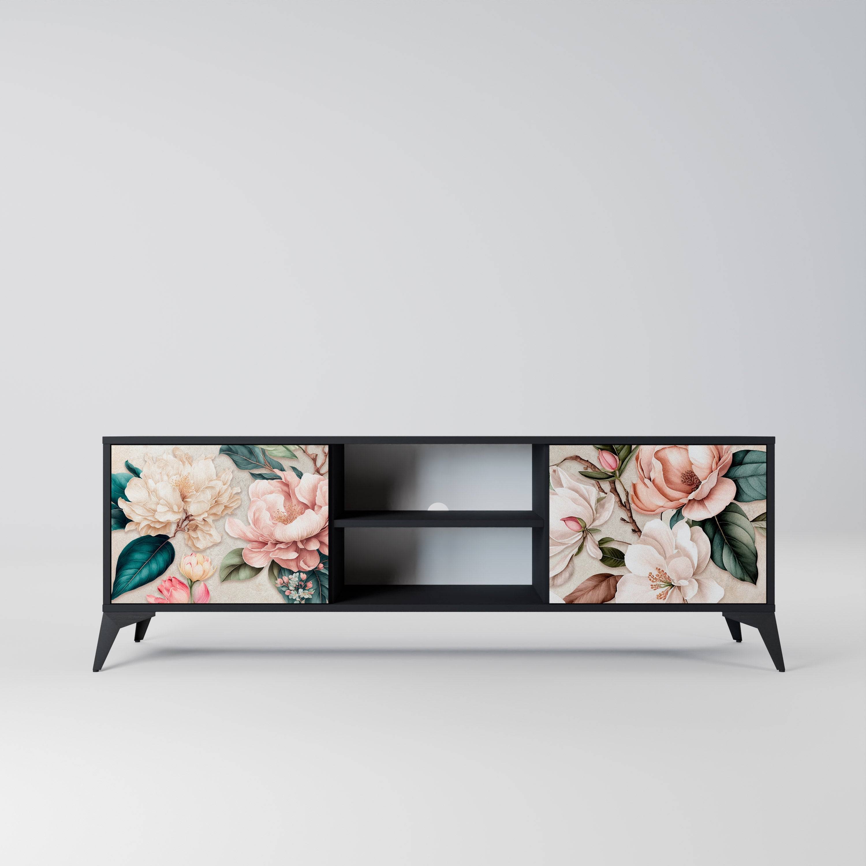 FLORAL GRACE Móvel de TV com 2 Portas em Acabamento Preto