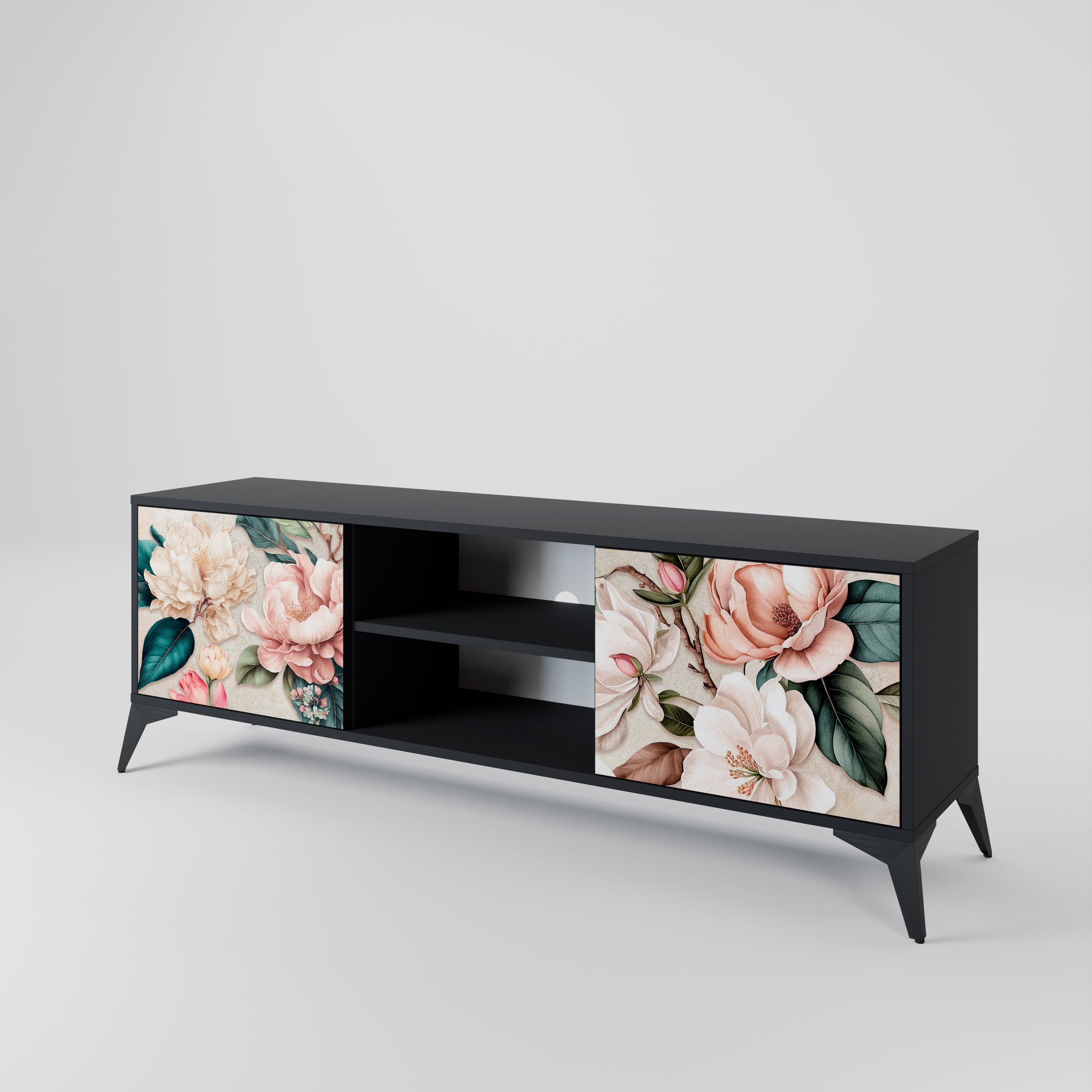 FLORAL GRACE Móvel de TV com 2 Portas em Acabamento Preto