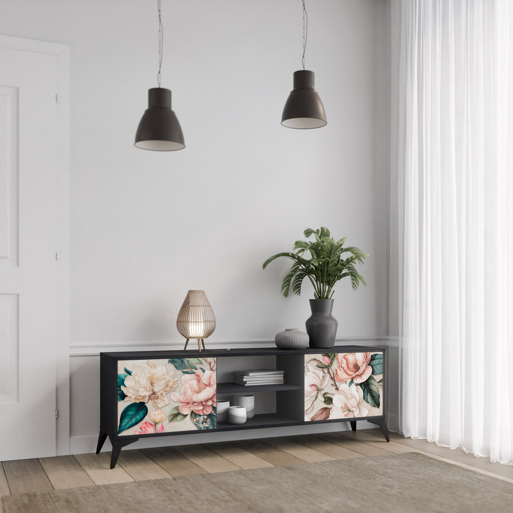 FLORAL GRACE Móvel de TV com 2 Portas em Acabamento Preto