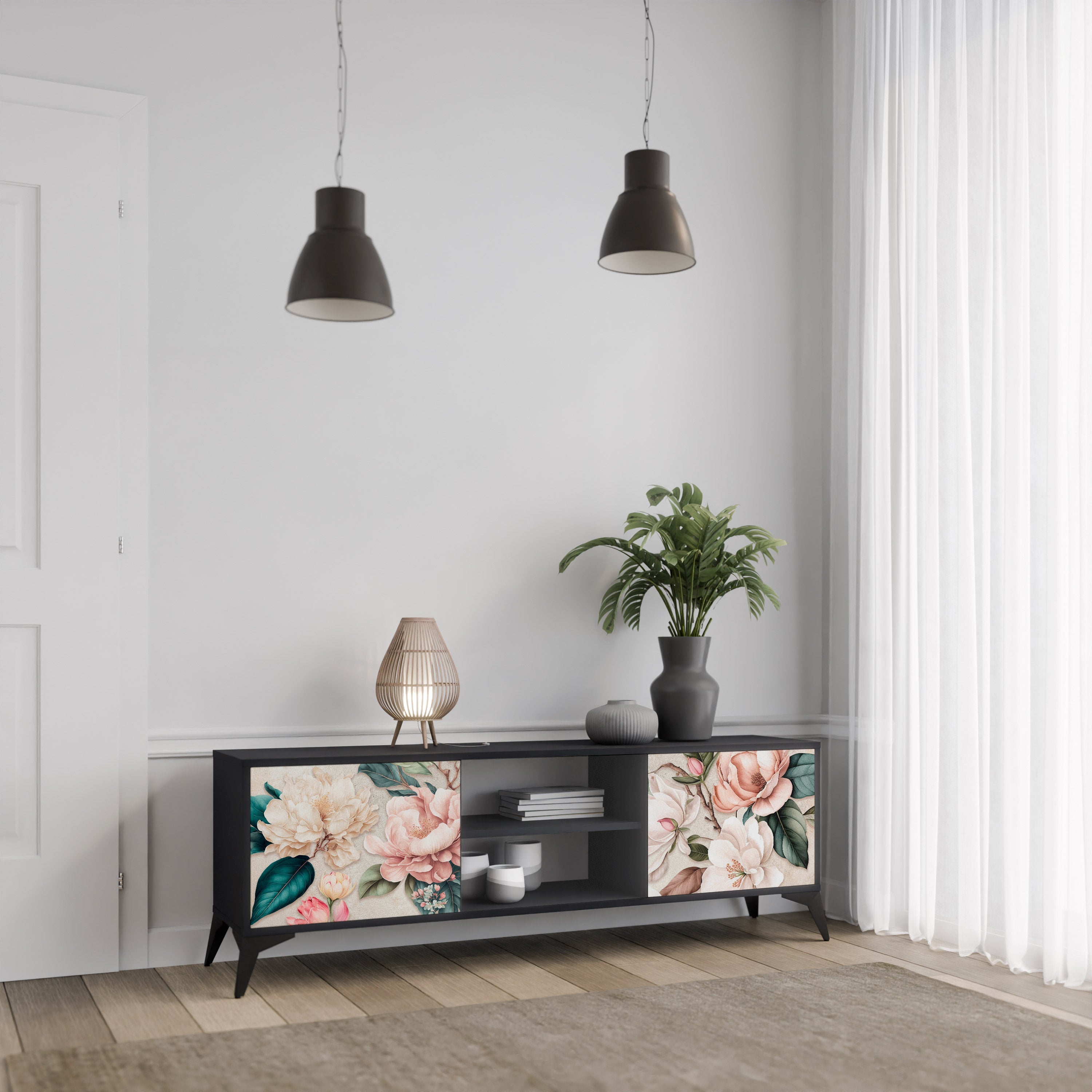 FLORAL GRACE Móvel de TV com 2 Portas em Acabamento Preto