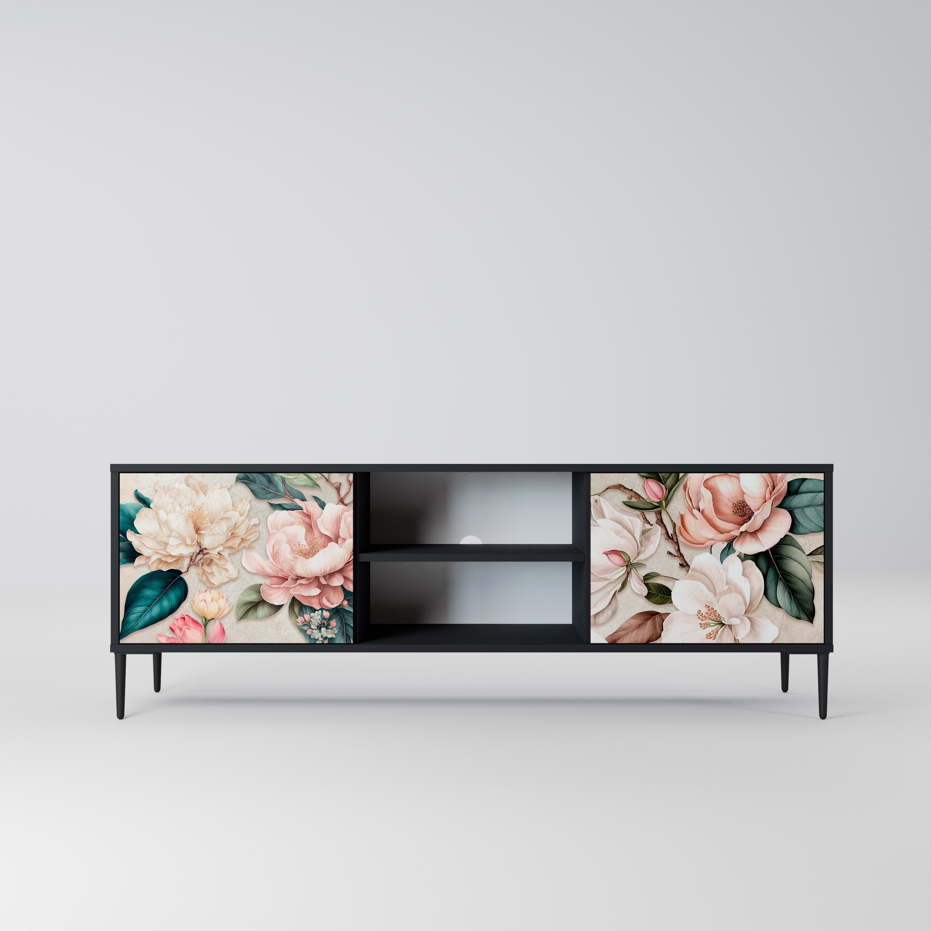 FLORAL GRACE Móvel de TV com 2 Portas em Acabamento Preto