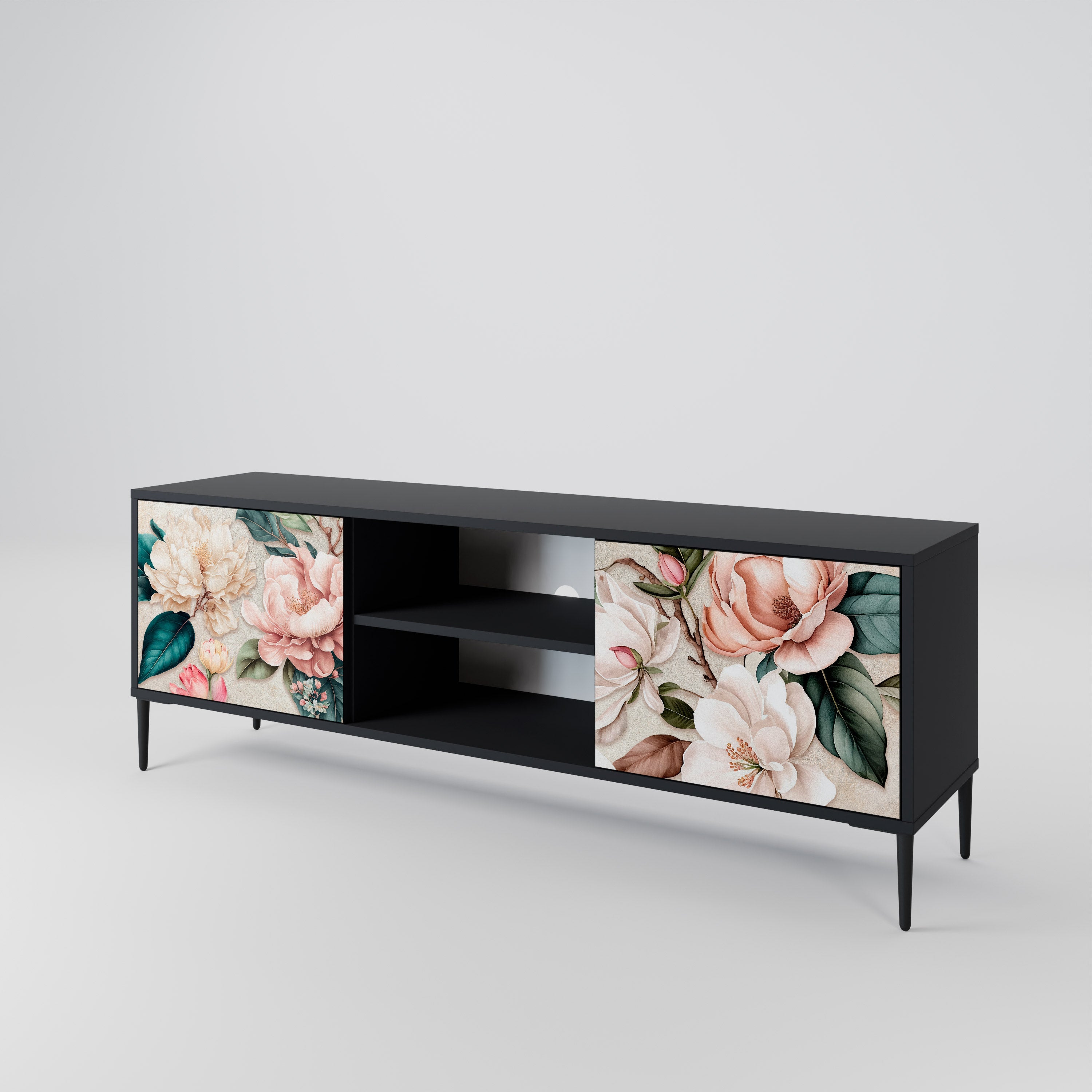 FLORAL GRACE Móvel de TV com 2 Portas em Acabamento Preto
