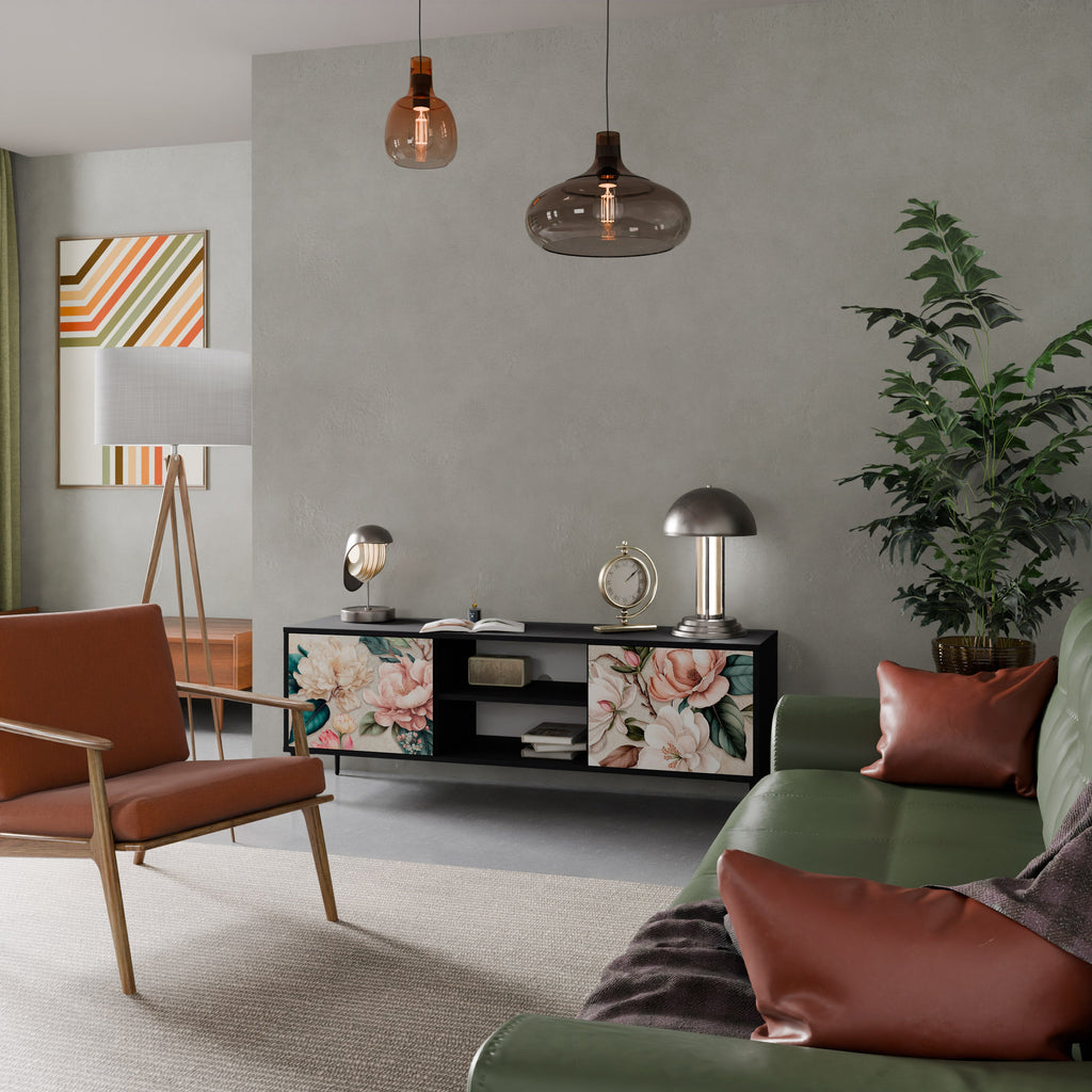 FLORAL GRACE Móvel de TV com 2 Portas em Acabamento Preto