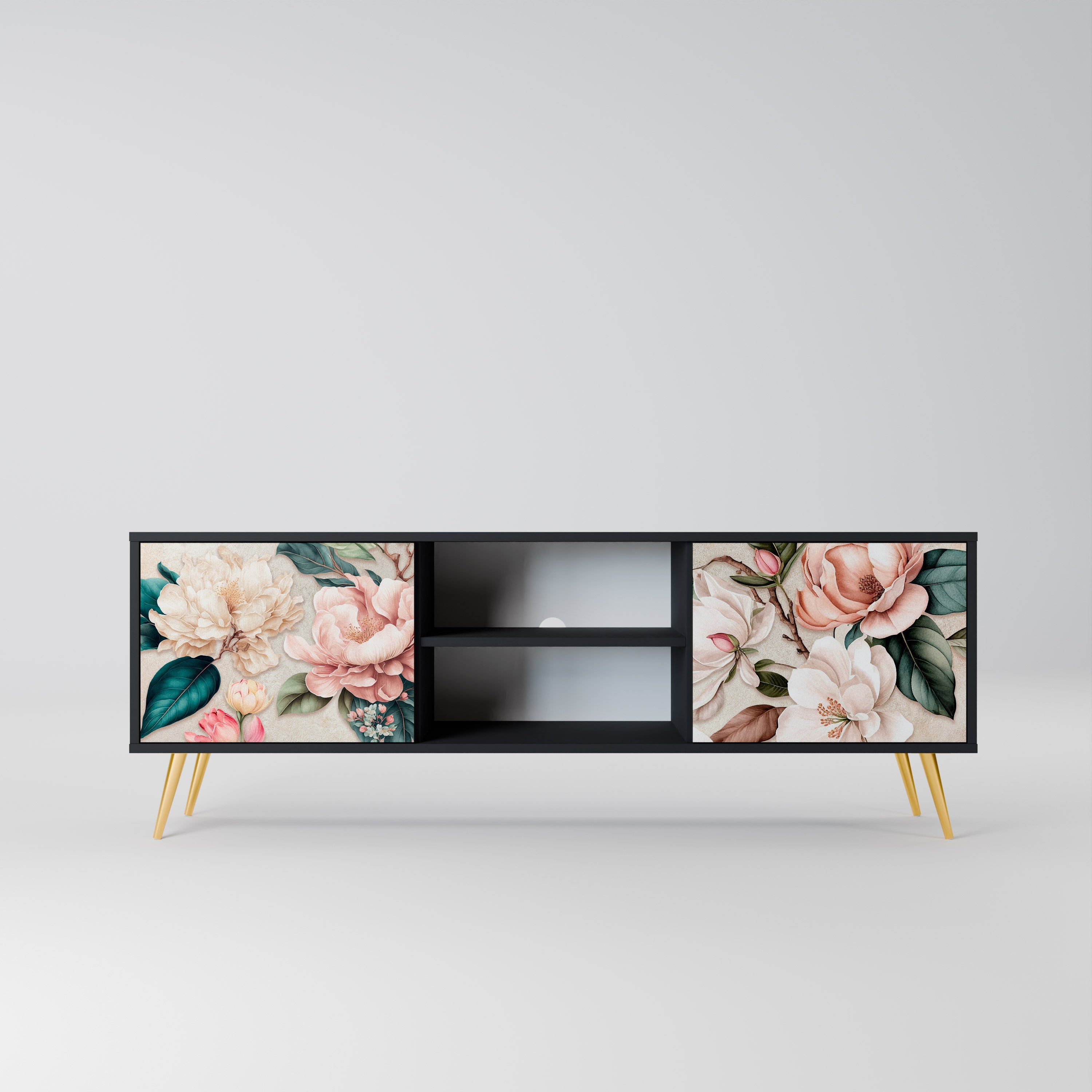 FLORAL GRACE Móvel de TV com 2 Portas em Acabamento Preto