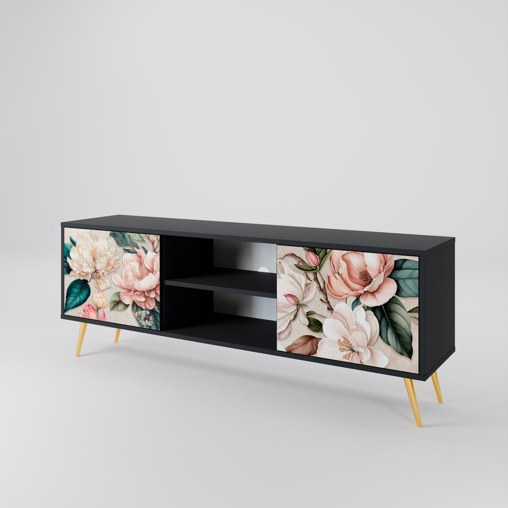 FLORAL GRACE Móvel de TV com 2 Portas em Acabamento Preto