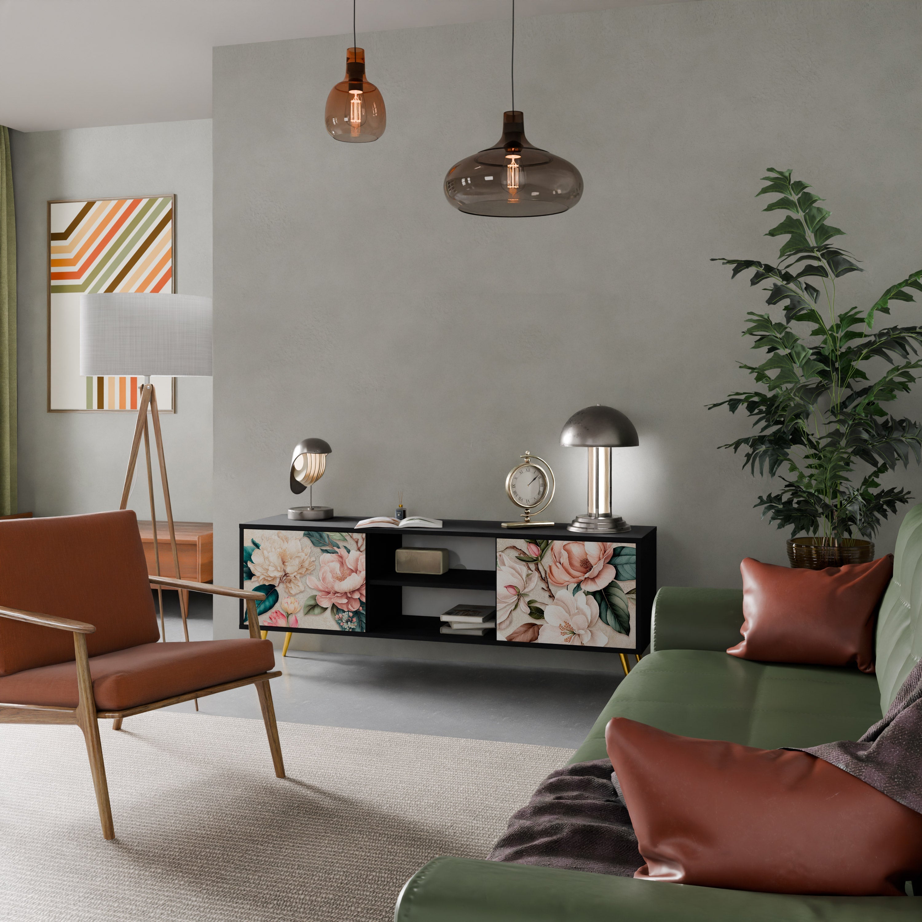 FLORAL GRACE Móvel de TV com 2 Portas em Acabamento Preto