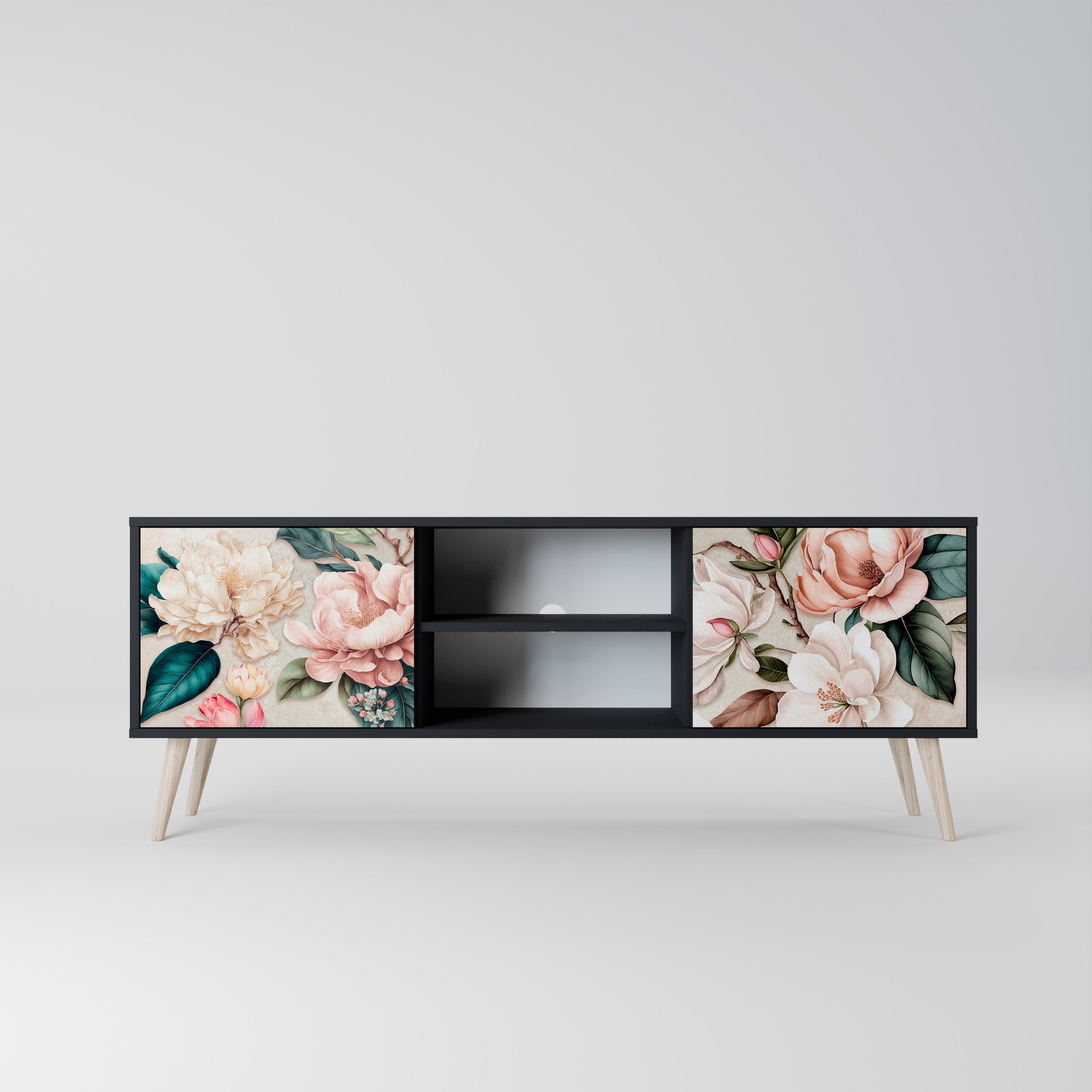 FLORAL GRACE Móvel de TV com 2 Portas em Acabamento Preto