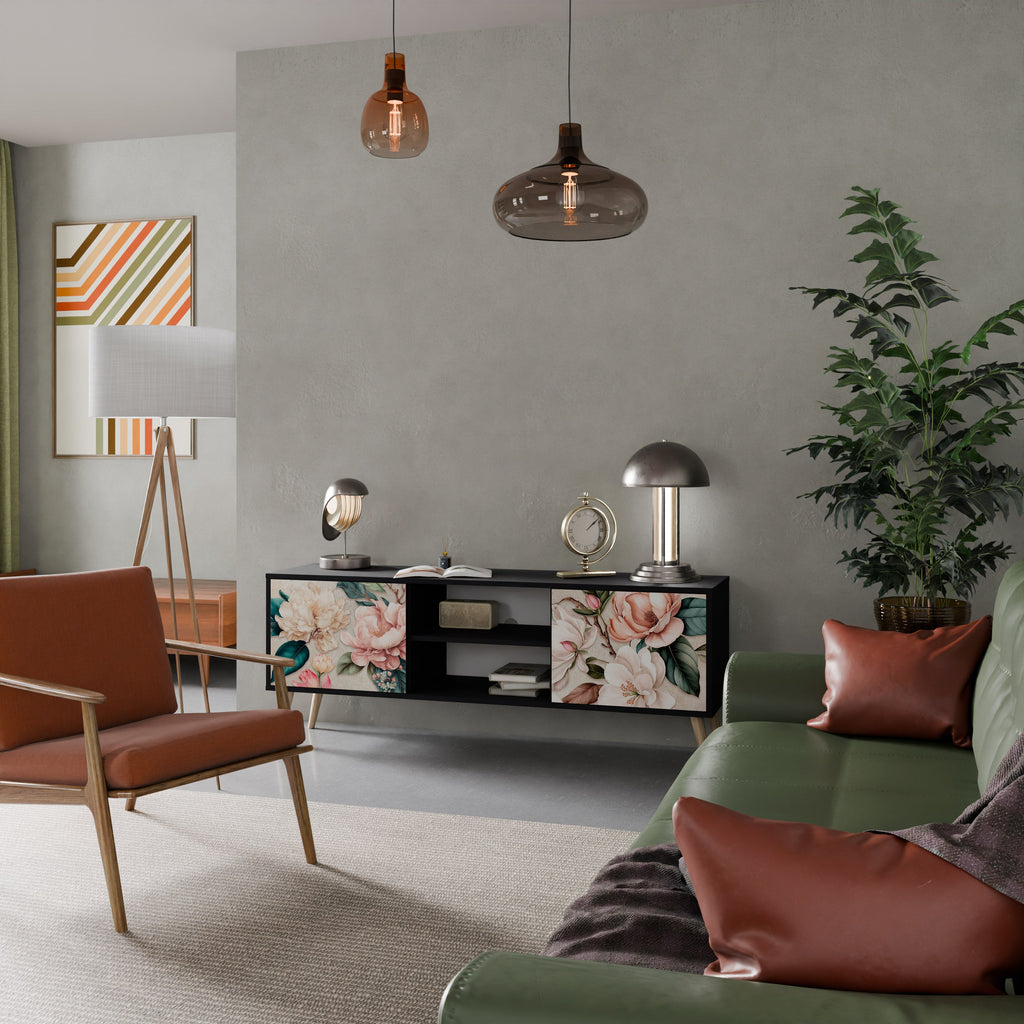 FLORAL GRACE Móvel de TV com 2 Portas em Acabamento Preto