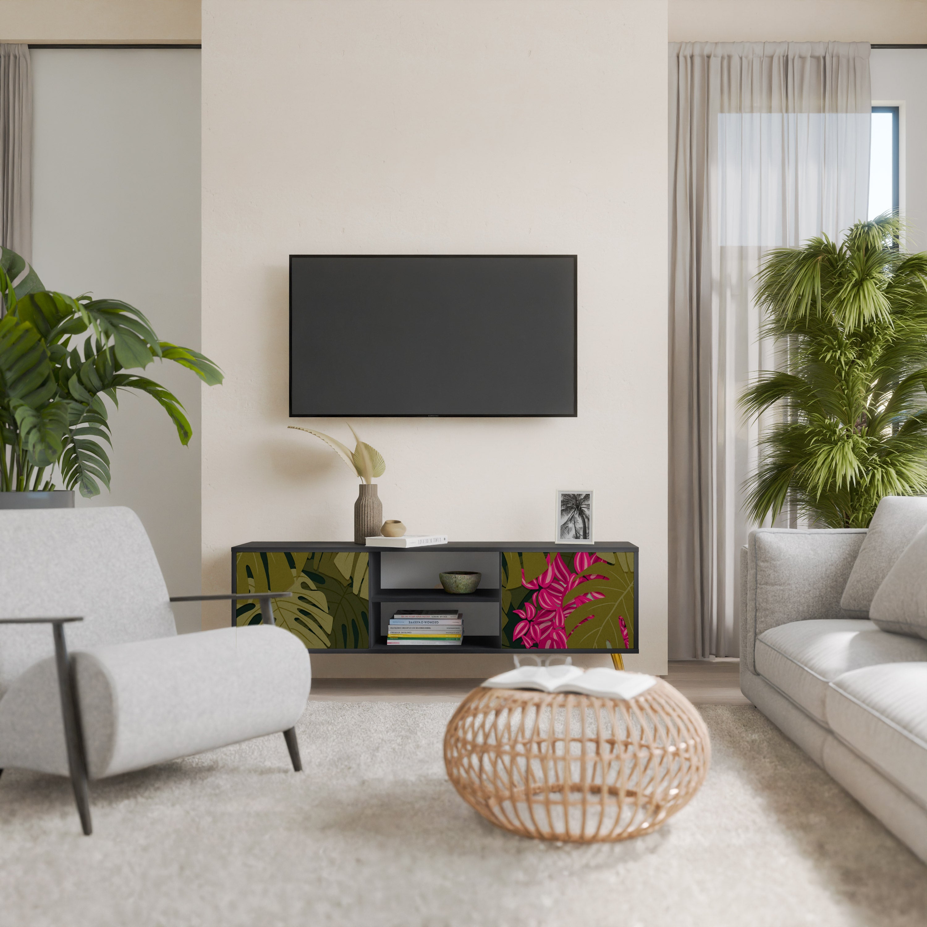 TROPICAL BEAUTY Móvel de TV com 2 Portas em Acabamento Preto