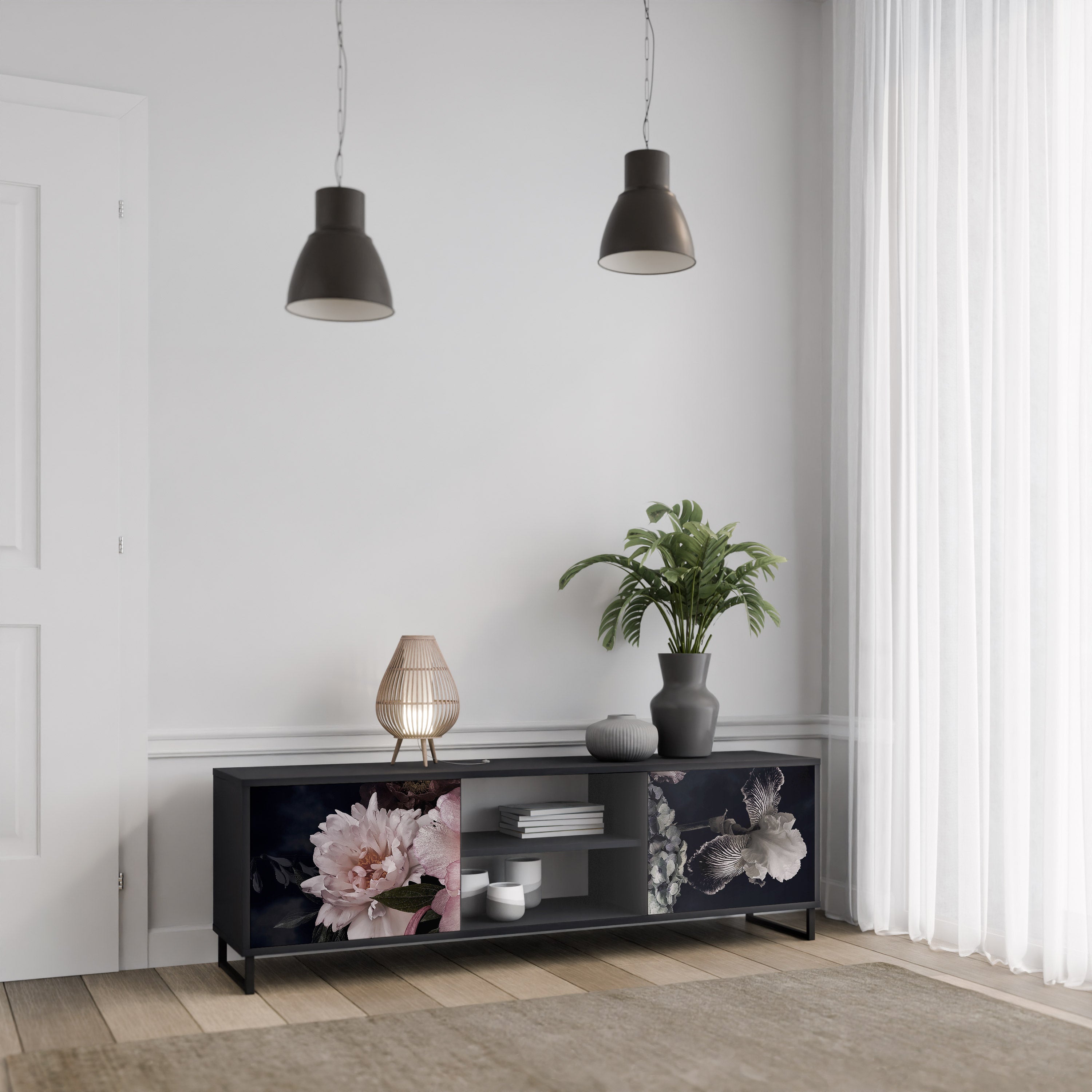 PURE BLOSSOM Móvel de TV com 2 Portas em Acabamento Preto