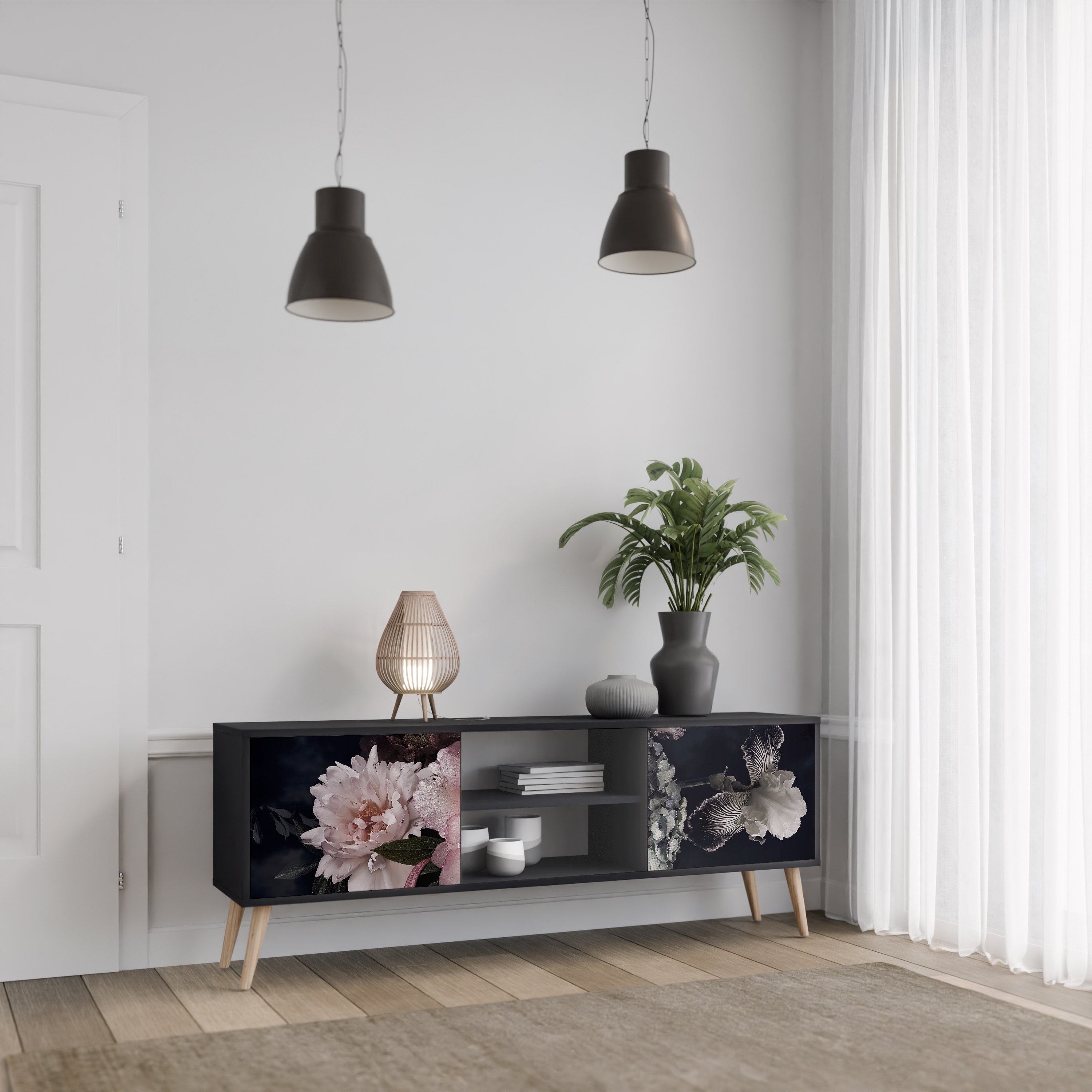 PURE BLOSSOM Móvel de TV com 2 Portas em Acabamento Preto