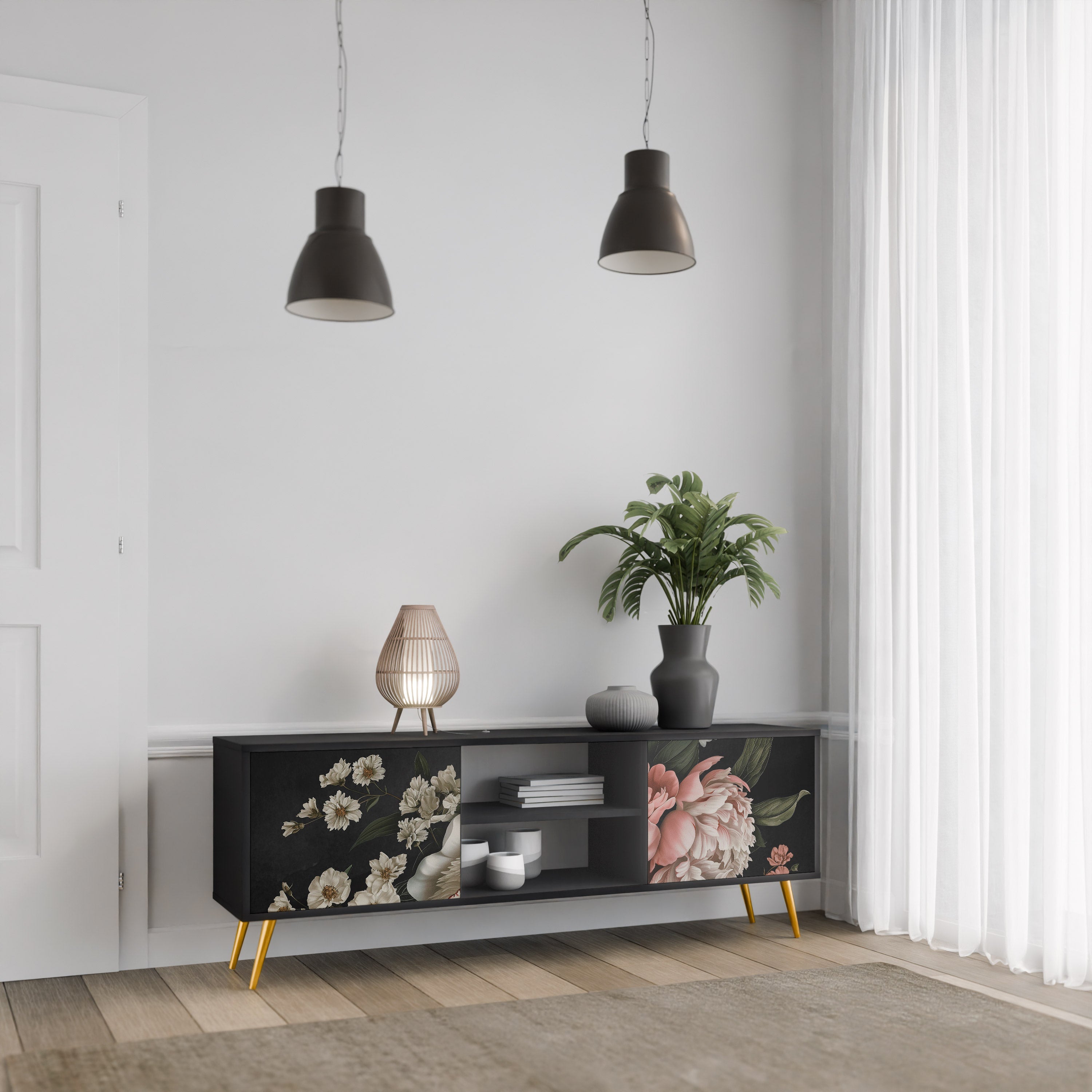 LUSH ELEGANCE Móvel de TV com 2 Portas em Acabamento Preto