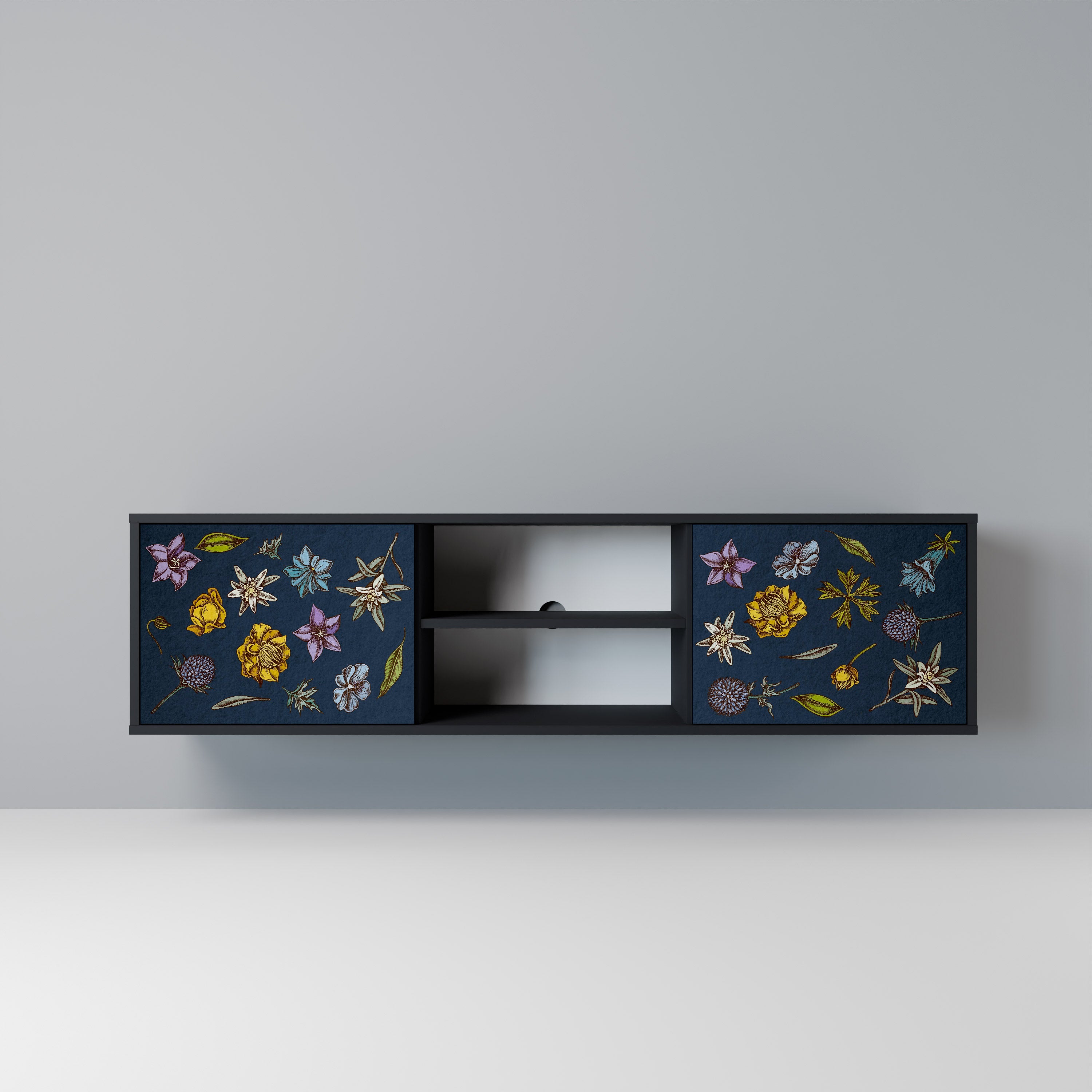 FLOWERS ON NAVY BLUE Móvel de TV com 2 Portas em Acabamento Preto