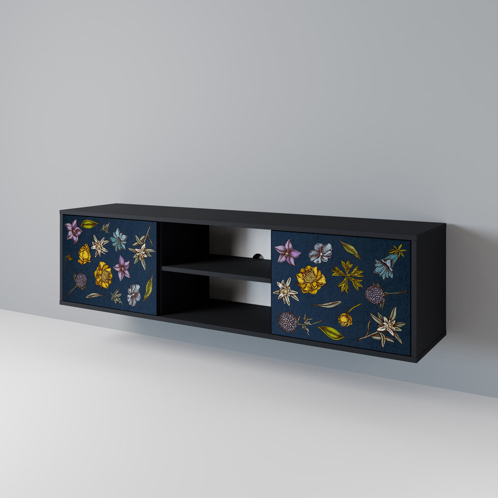 FLOWERS ON NAVY BLUE Móvel de TV com 2 Portas em Acabamento Preto