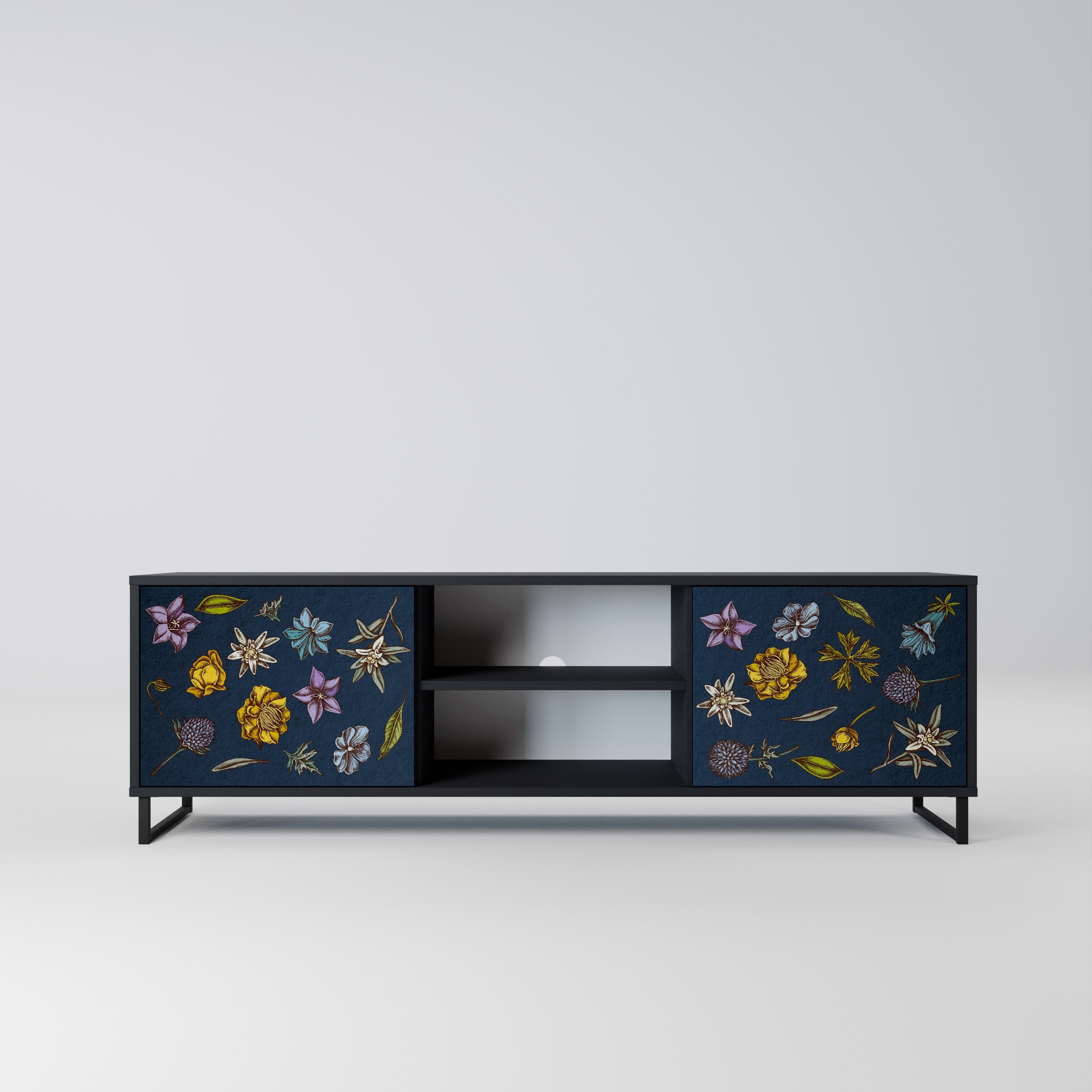 FLOWERS ON NAVY BLUE Móvel de TV com 2 Portas em Acabamento Preto
