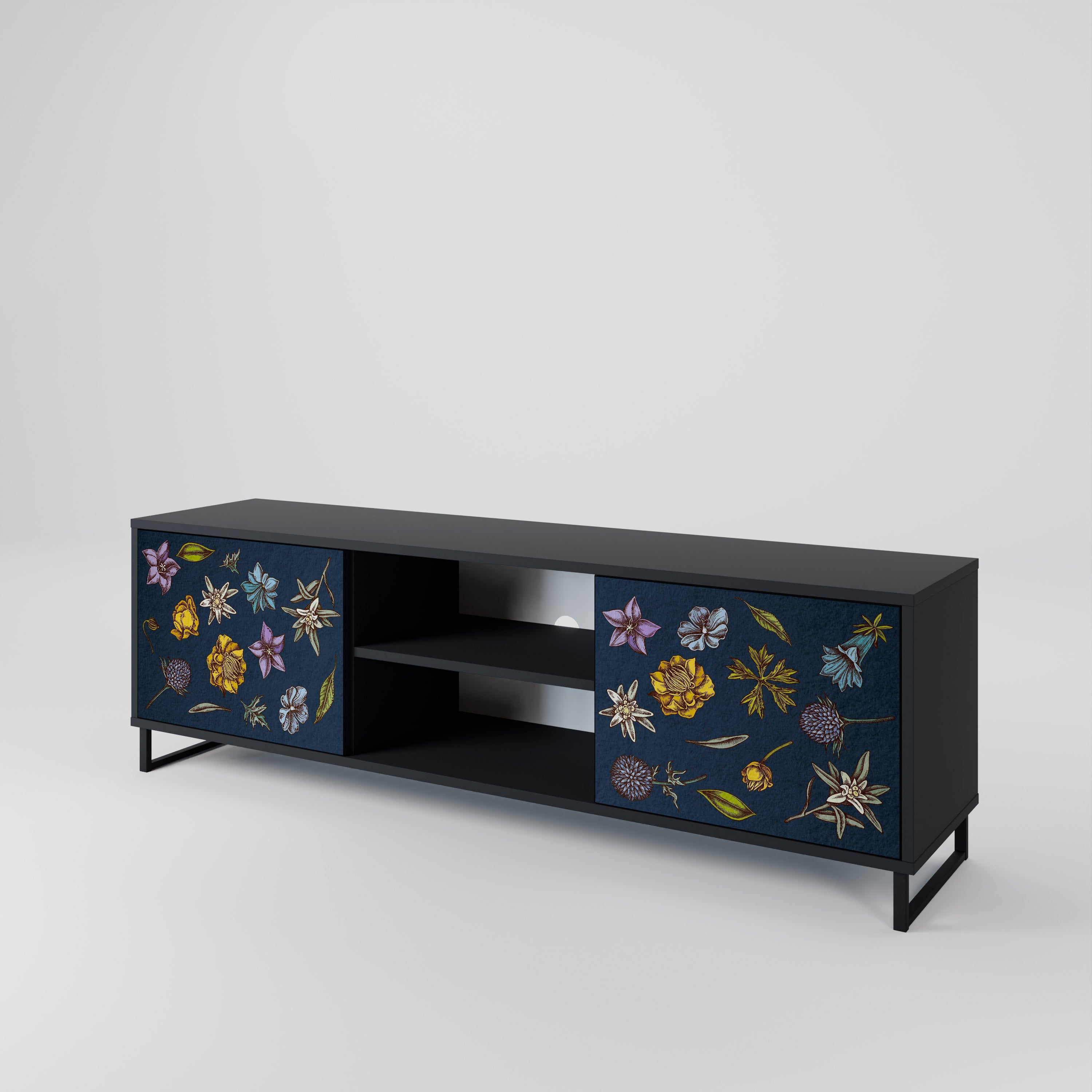 FLOWERS ON NAVY BLUE Móvel de TV com 2 Portas em Acabamento Preto