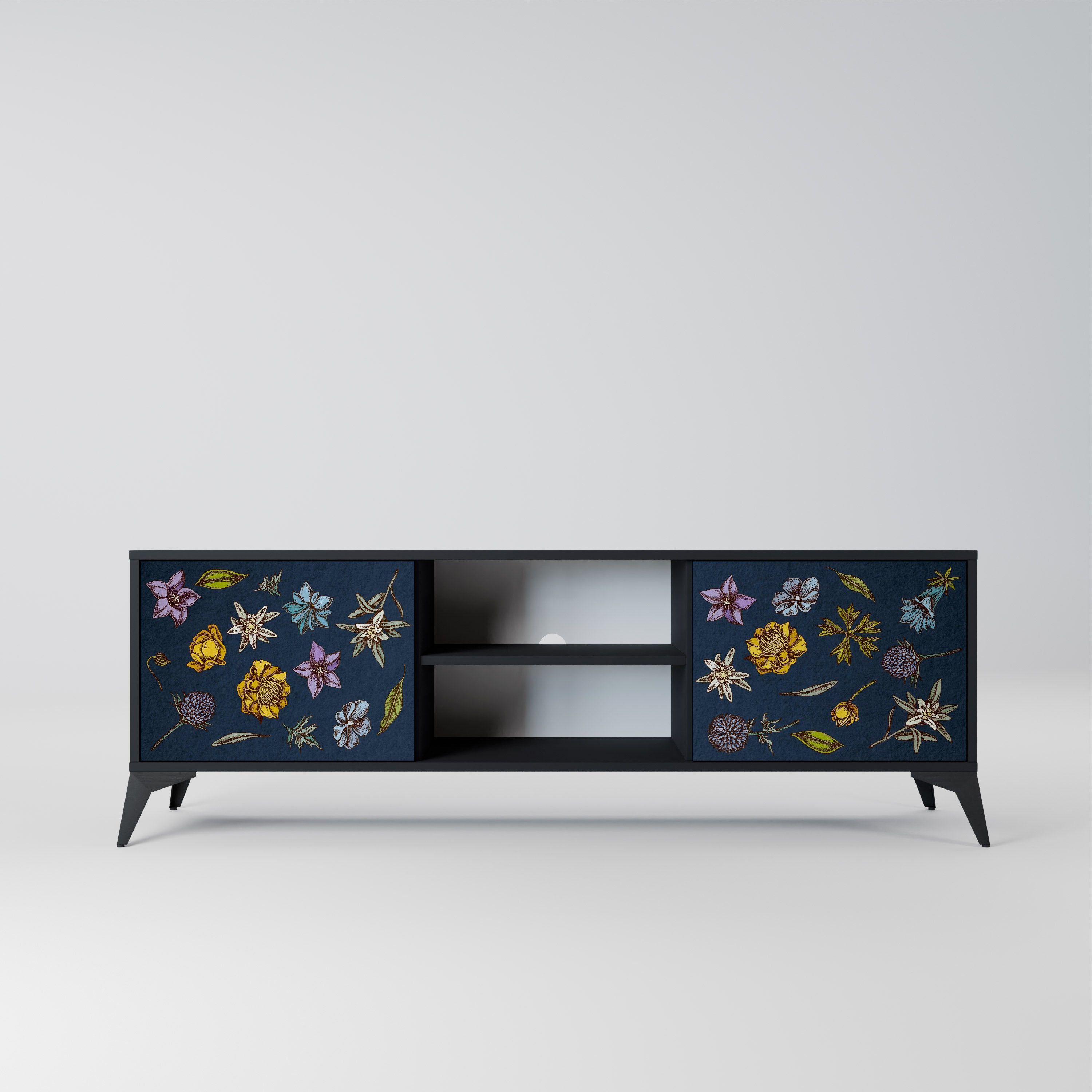 FLOWERS ON NAVY BLUE Móvel de TV com 2 Portas em Acabamento Preto