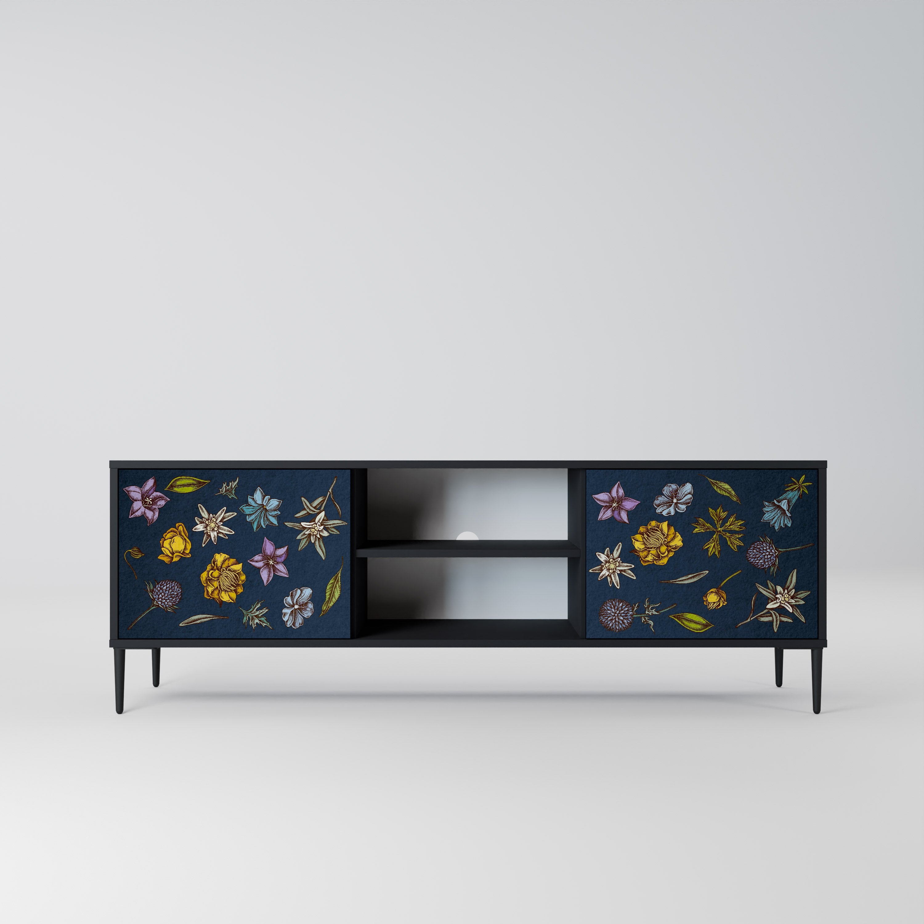 FLOWERS ON NAVY BLUE Móvel de TV com 2 Portas em Acabamento Preto