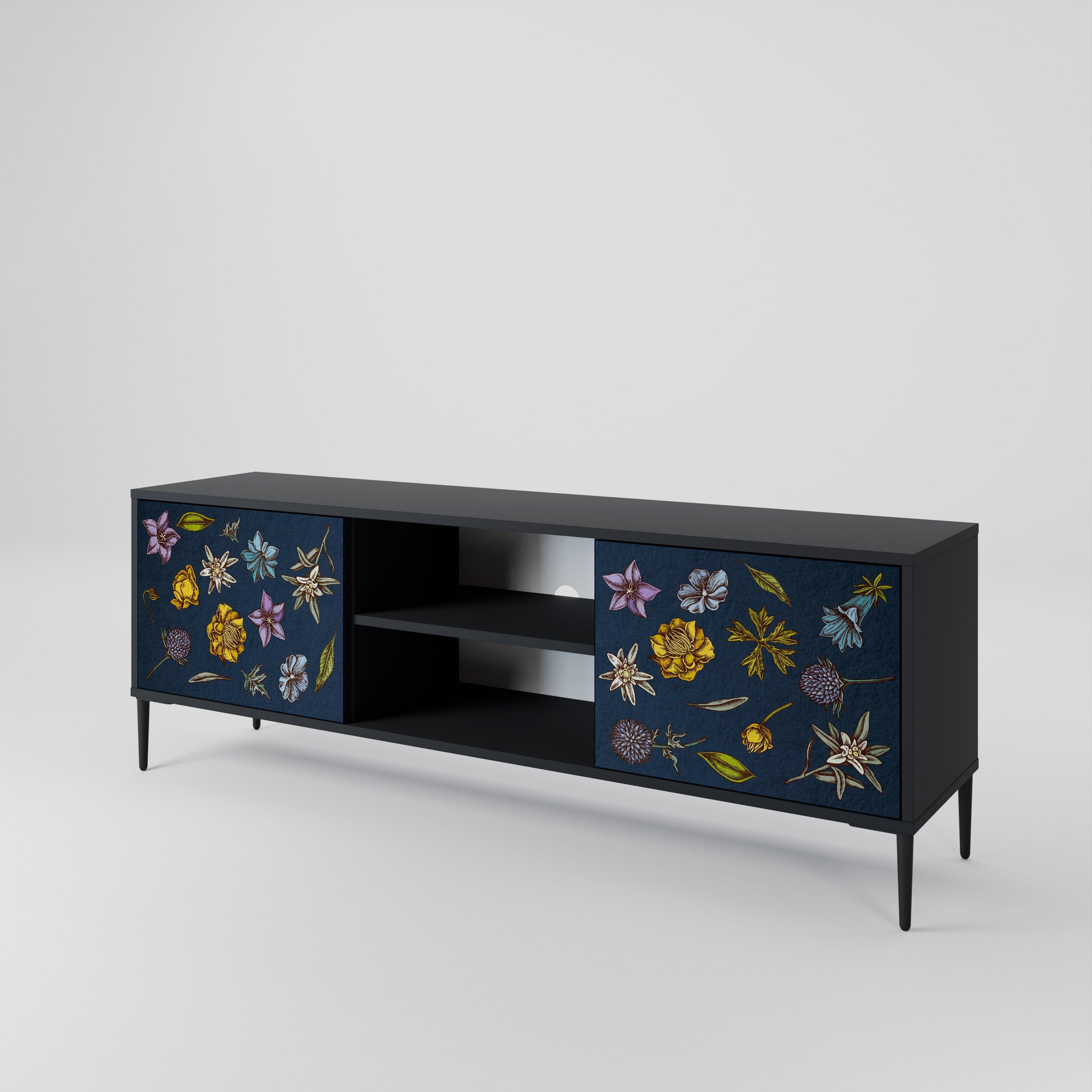 FLOWERS ON NAVY BLUE Móvel de TV com 2 Portas em Acabamento Preto