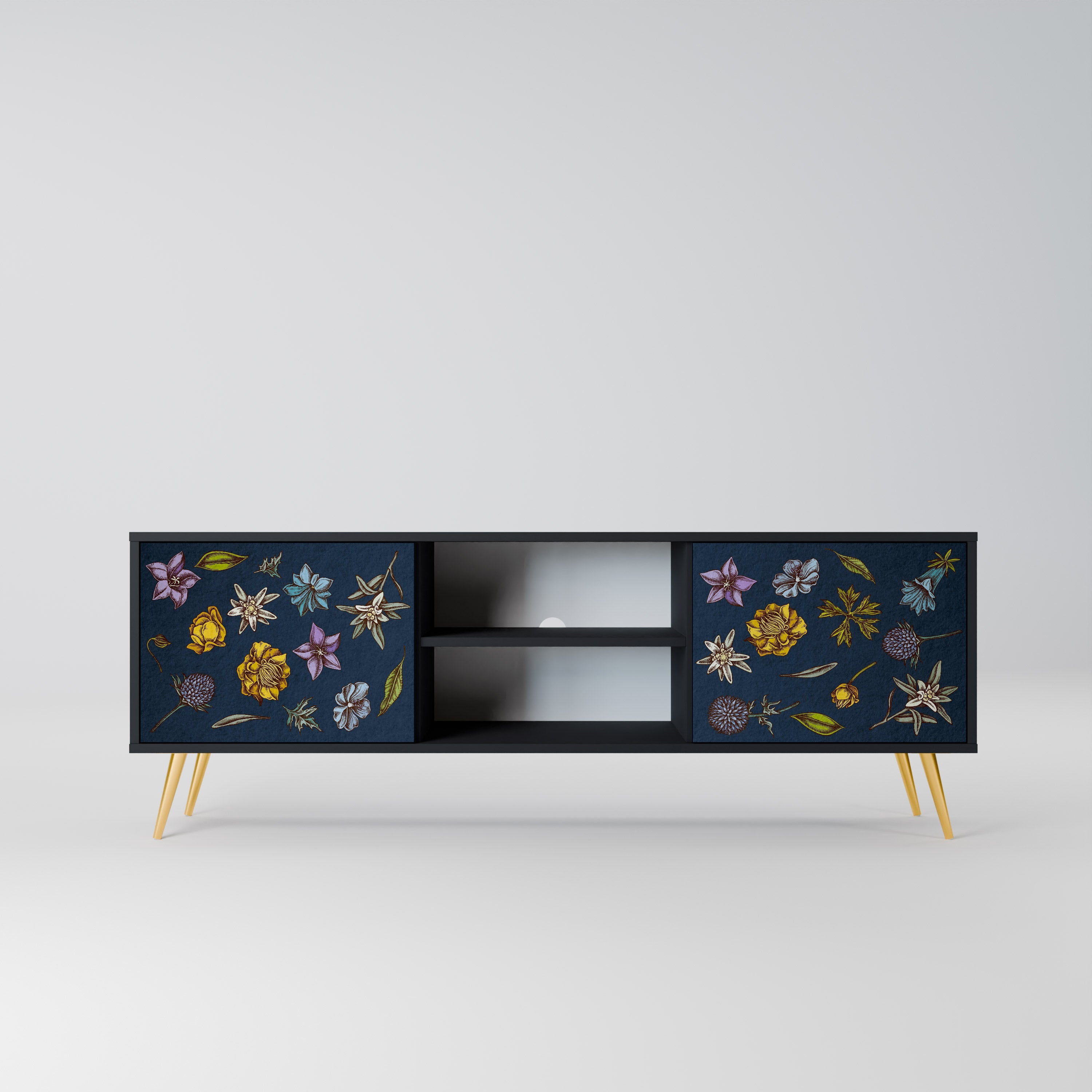 FLOWERS ON NAVY BLUE Móvel de TV com 2 Portas em Acabamento Preto