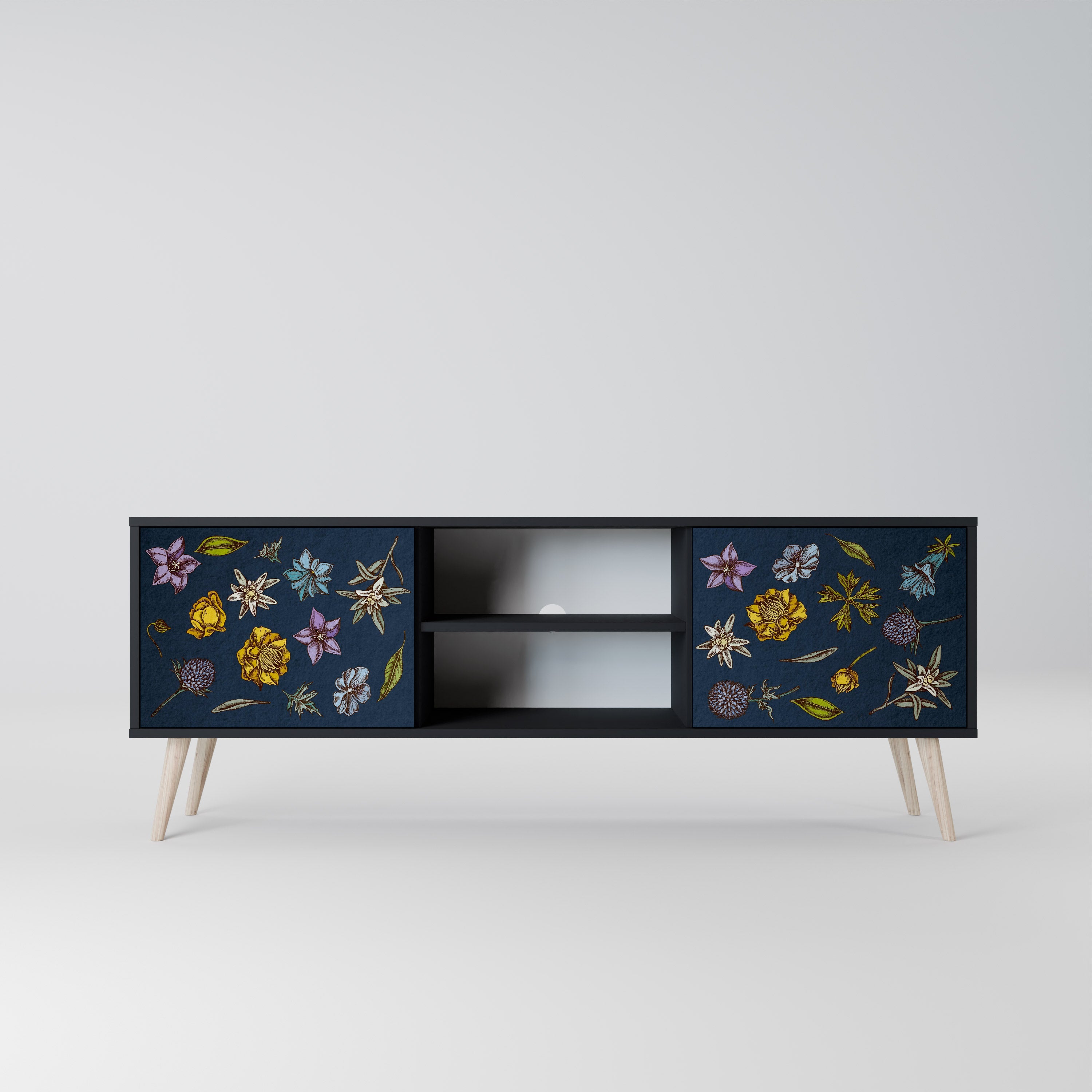 FLOWERS ON NAVY BLUE Móvel de TV com 2 Portas em Acabamento Preto