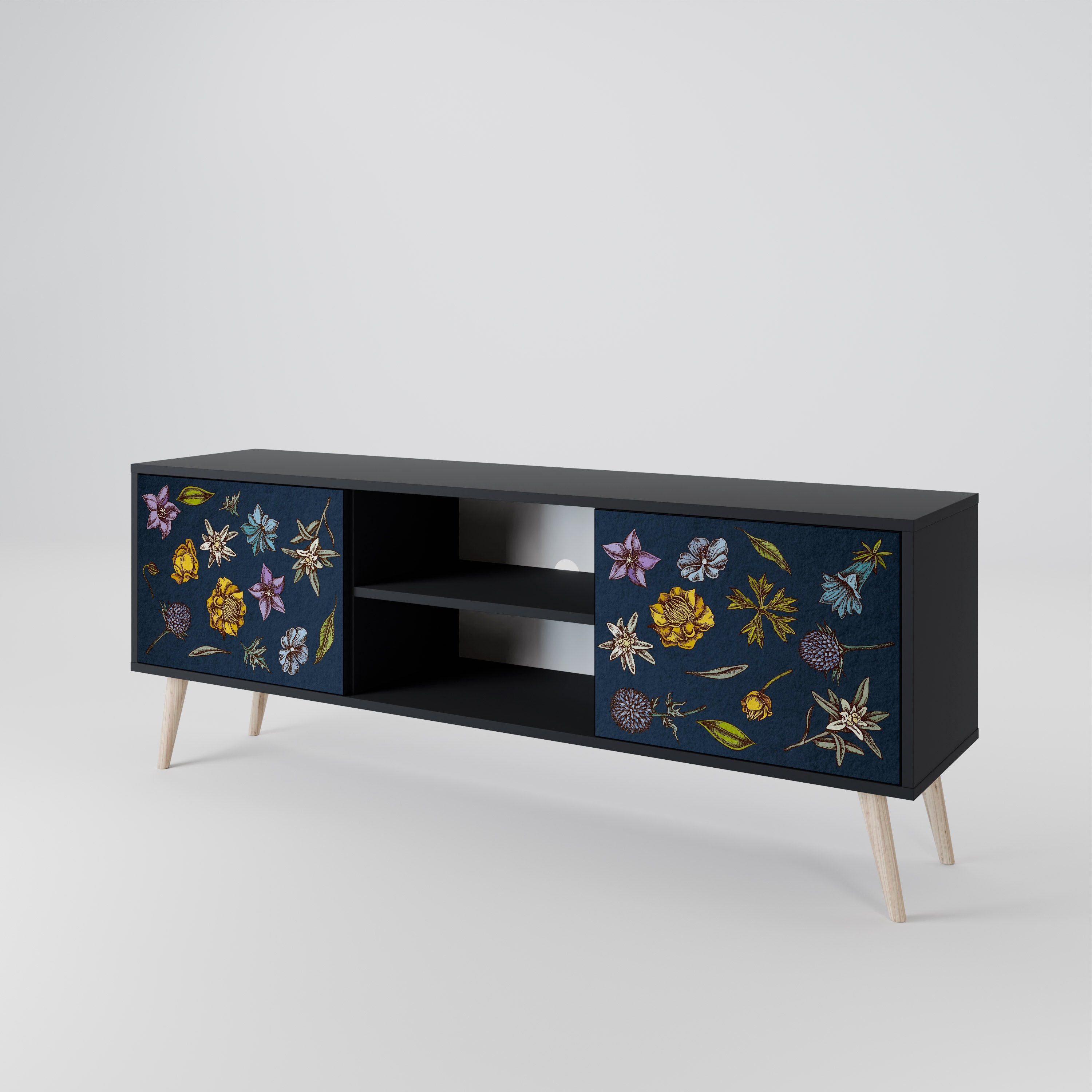FLOWERS ON NAVY BLUE Móvel de TV com 2 Portas em Acabamento Preto