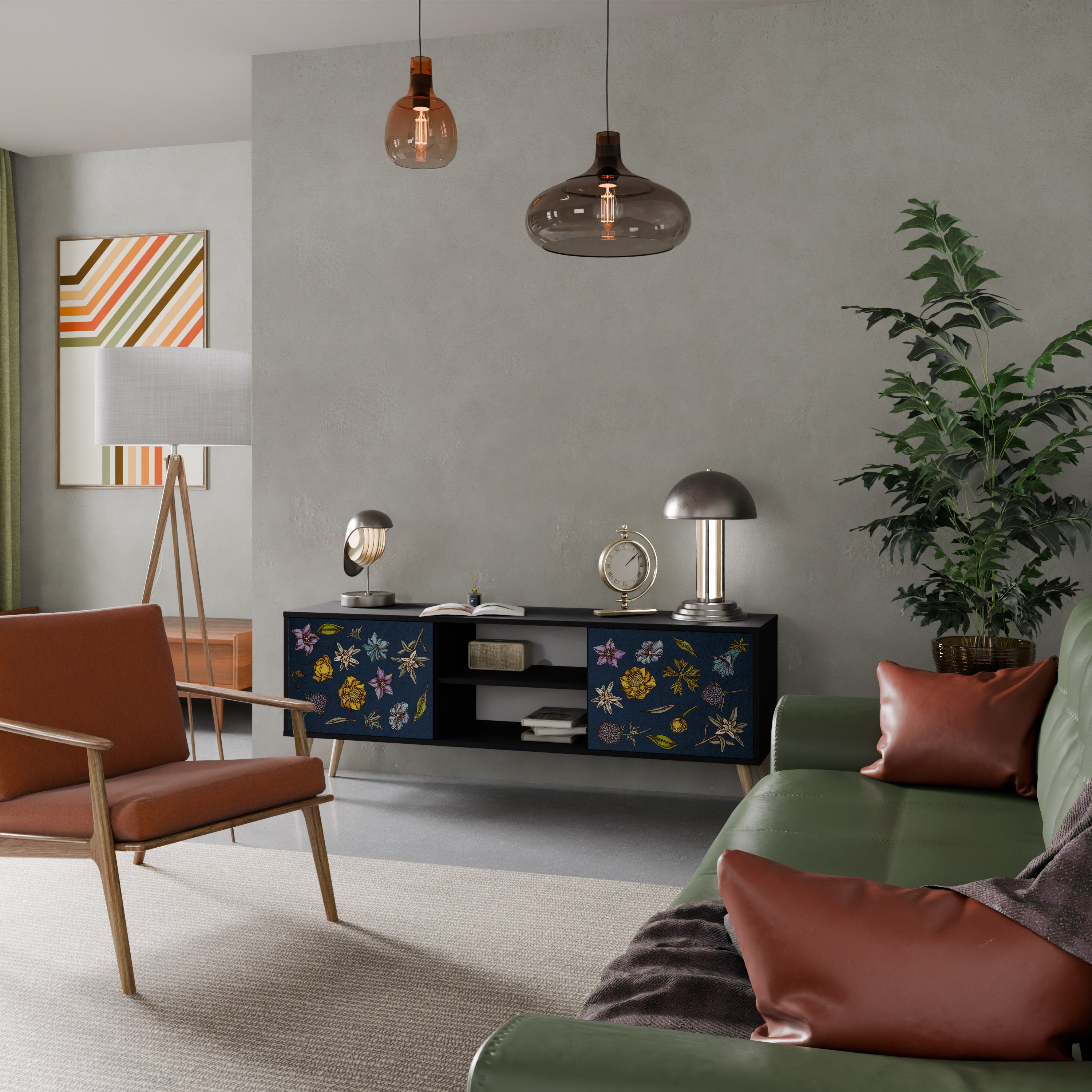 FLOWERS ON NAVY BLUE Móvel de TV com 2 Portas em Acabamento Preto