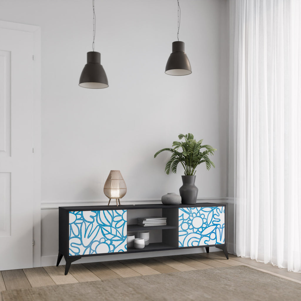 BLOOMY MORNING Móvel de TV com 2 Portas em Acabamento Preto