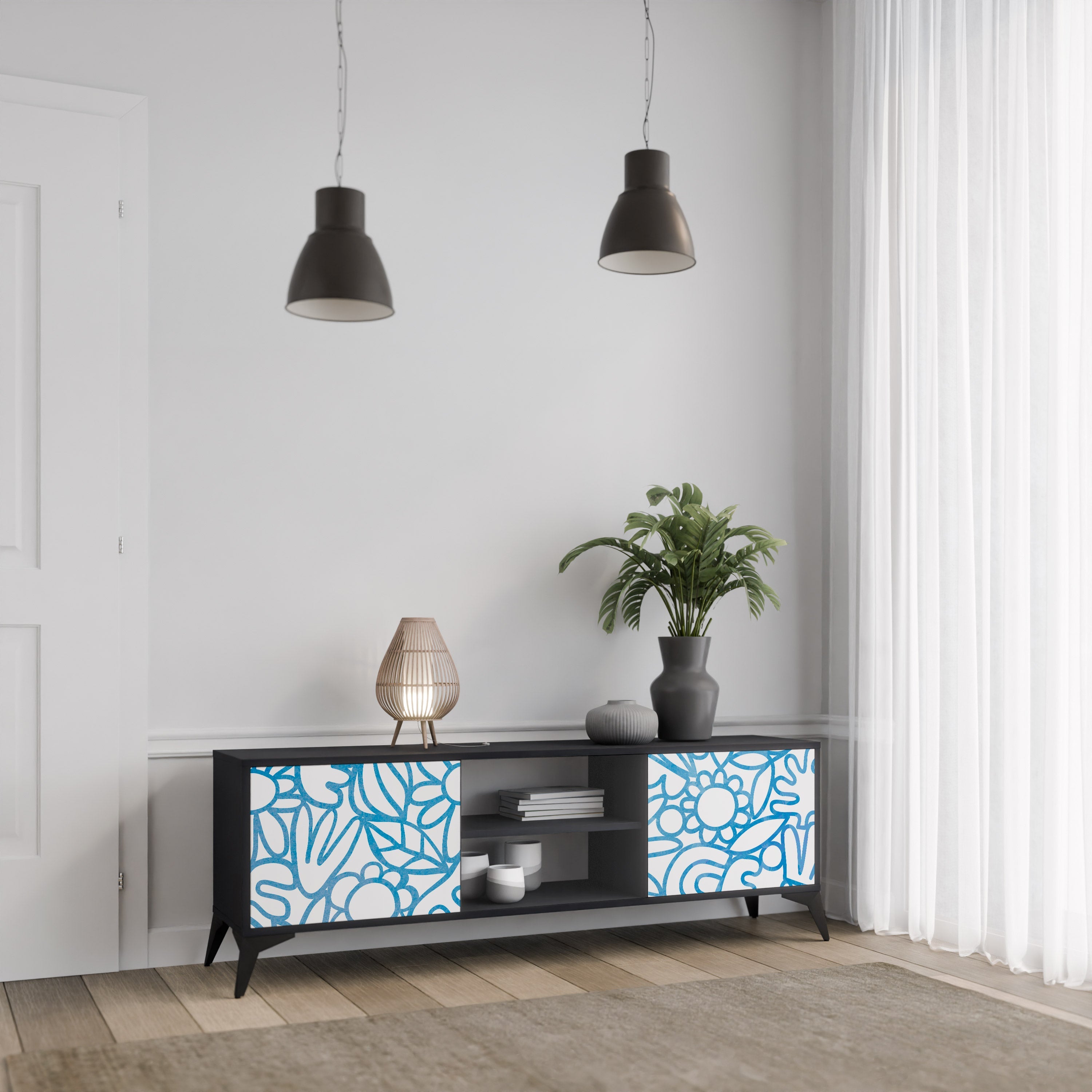 BLOOMY MORNING Móvel de TV com 2 Portas em Acabamento Preto