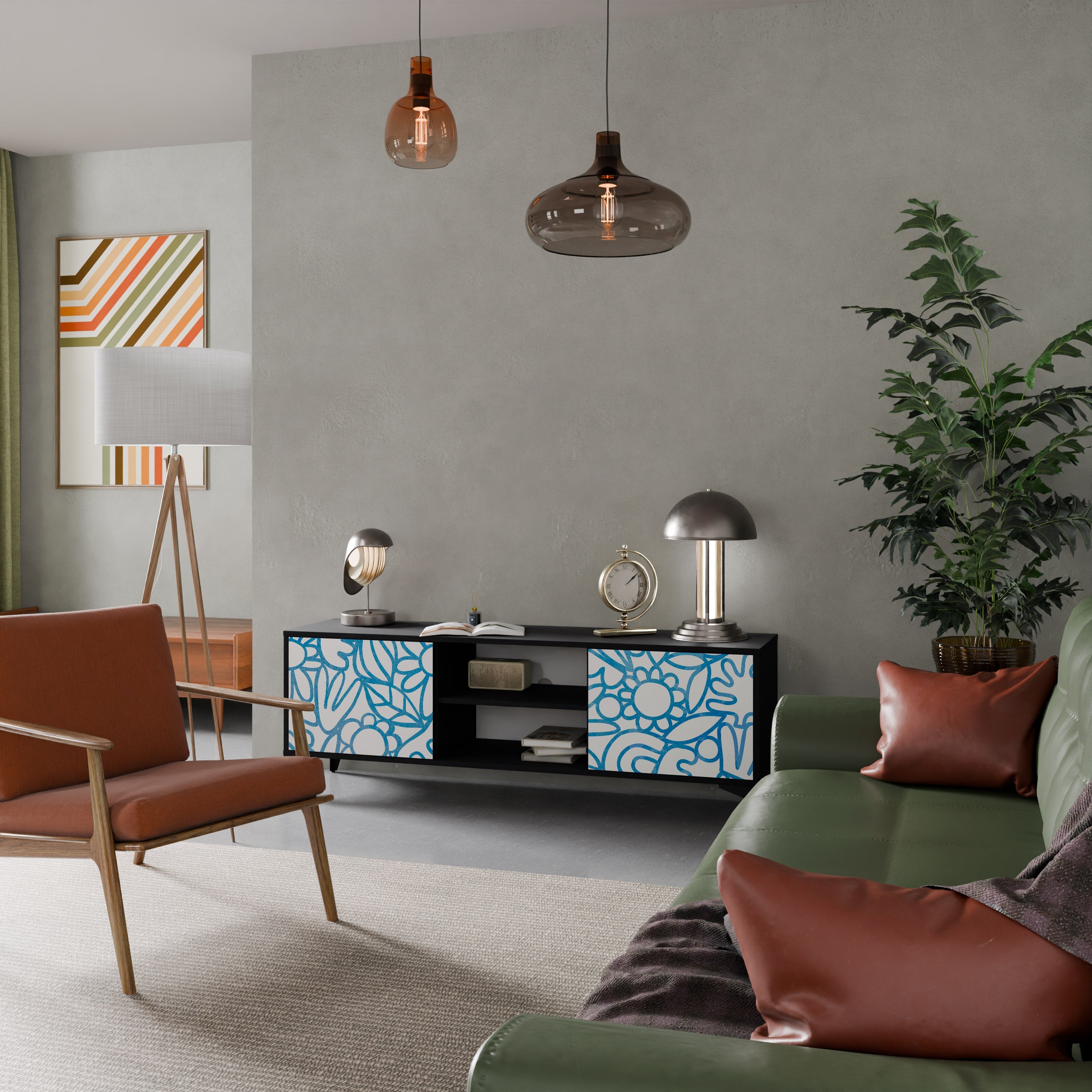 BLOOMY MORNING Móvel de TV com 2 Portas em Acabamento Preto