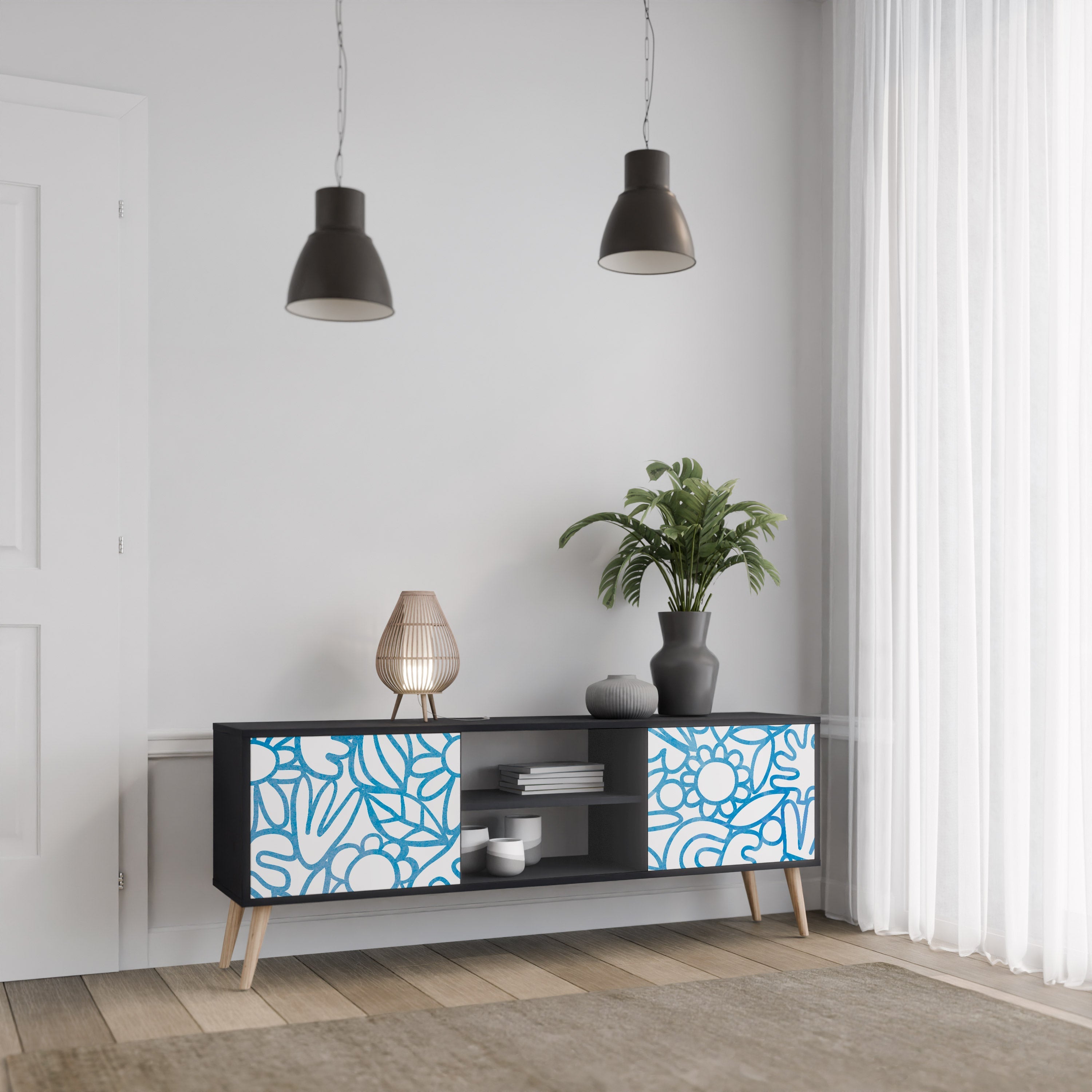 BLOOMY MORNING Móvel de TV com 2 Portas em Acabamento Preto