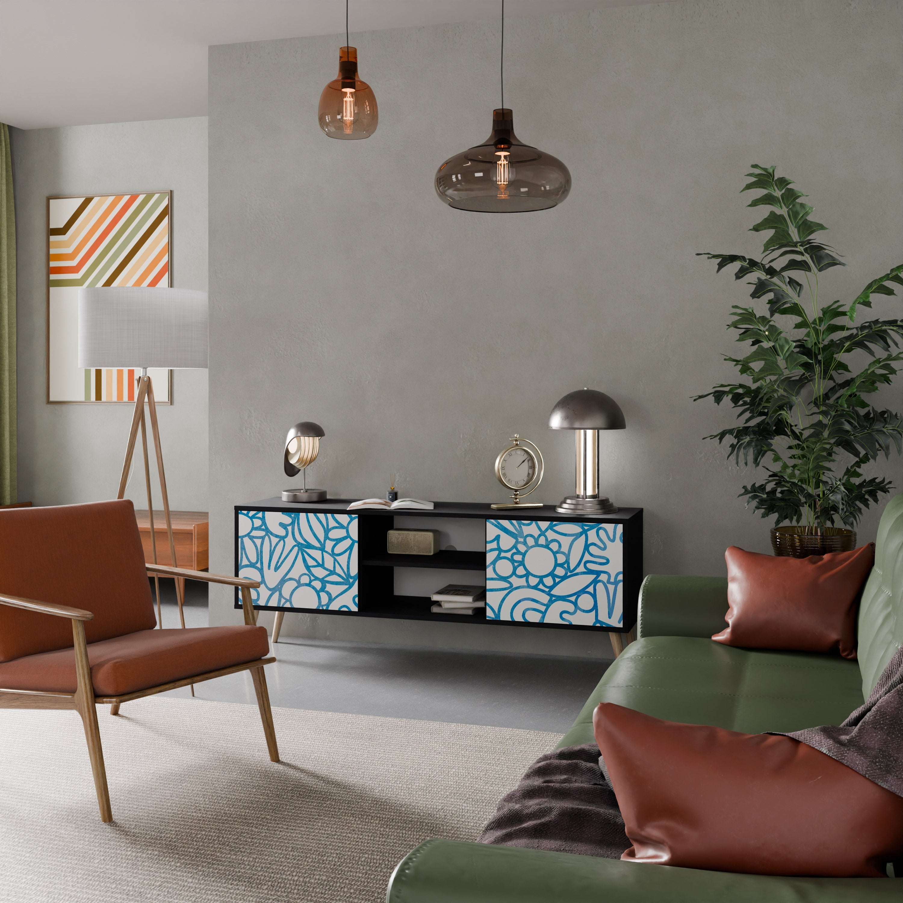 BLOOMY MORNING Móvel de TV com 2 Portas em Acabamento Preto