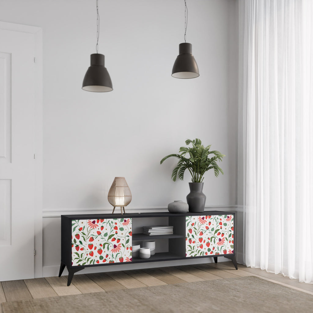 FLOWERS AND STRAWBERRIES Móvel de TV com 2 Portas em Acabamento Preto