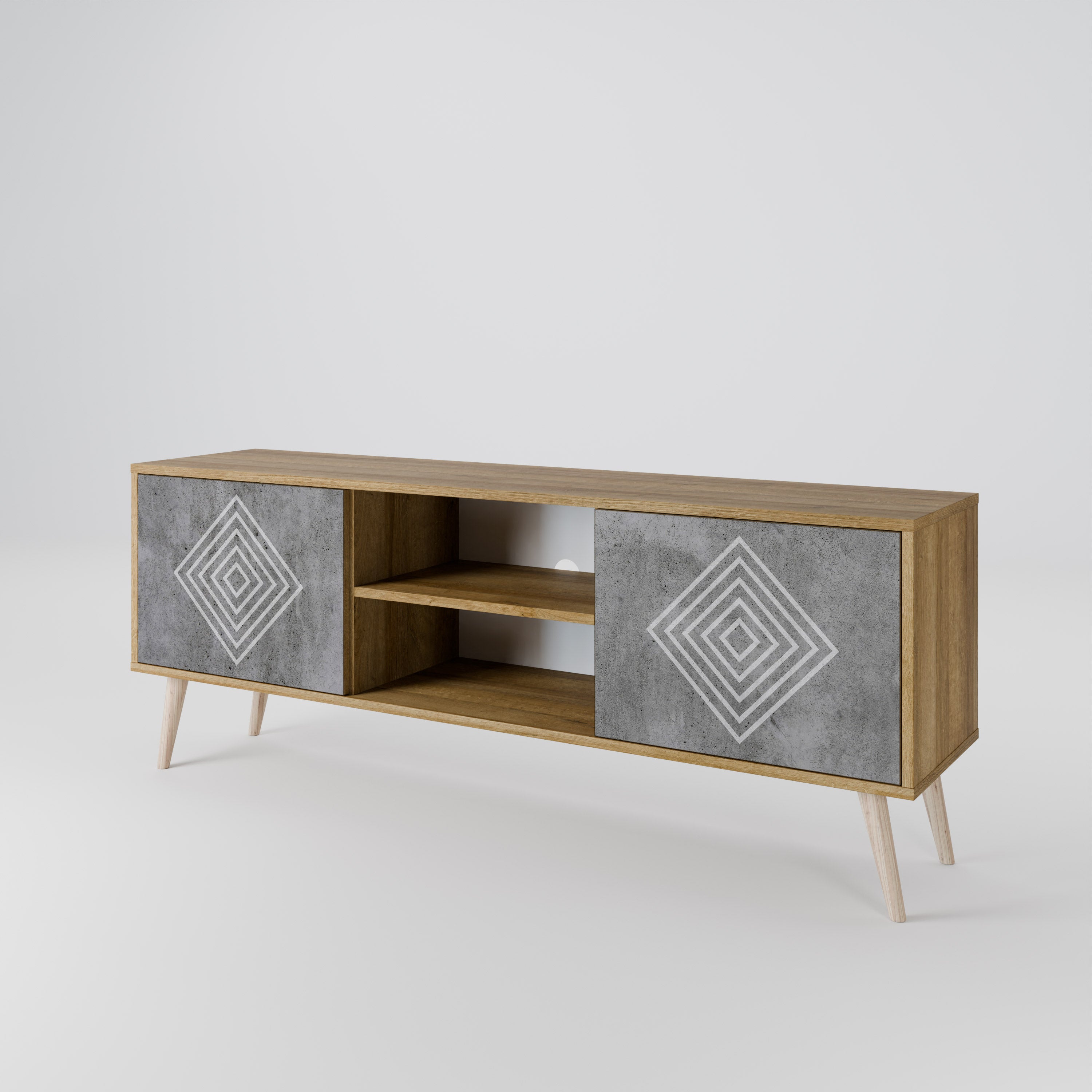 POLYGONAL ARTISTRY 2-Door TV Stand in Oak Effect