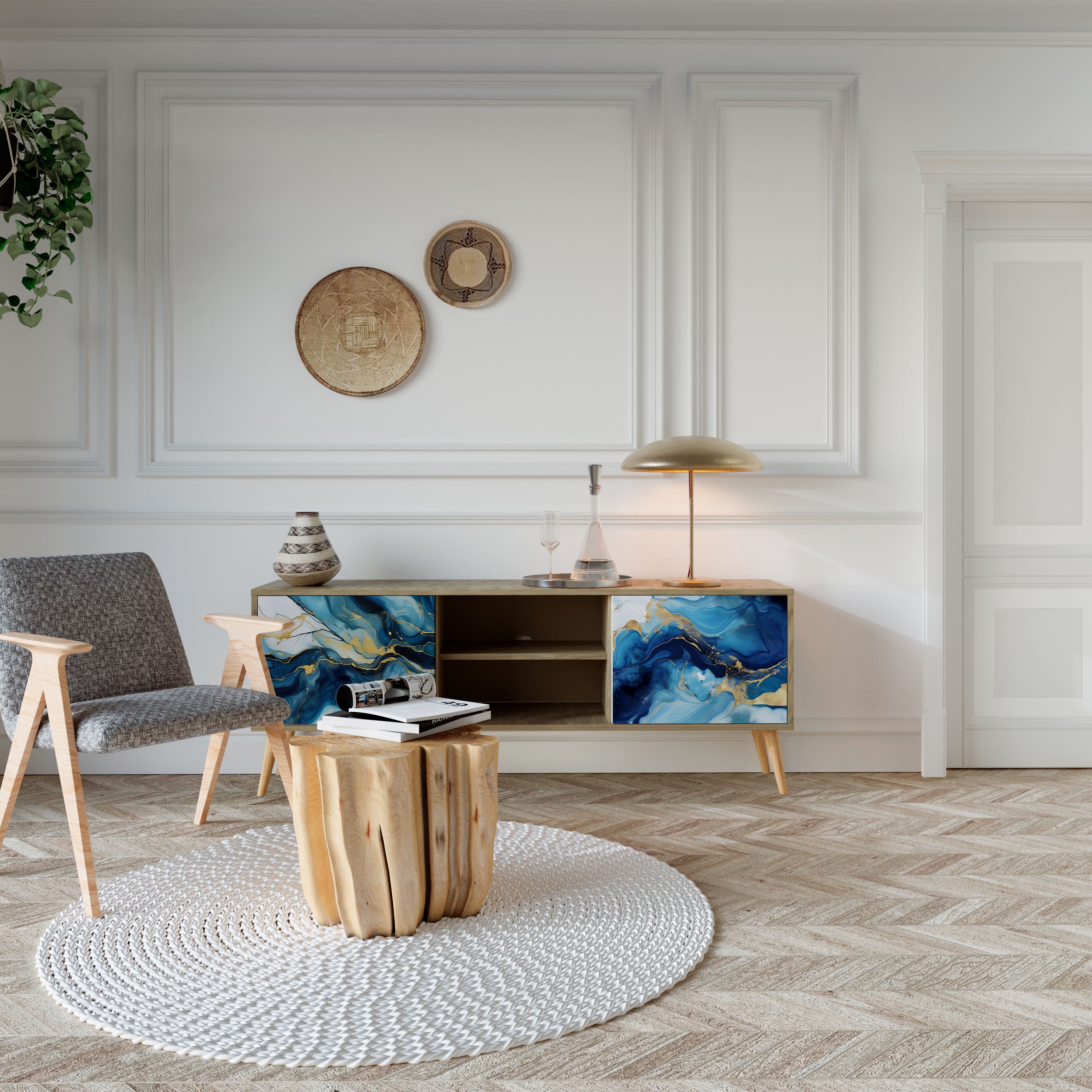 INKY MARBLE 2-Door TV Stand in Oak Effect