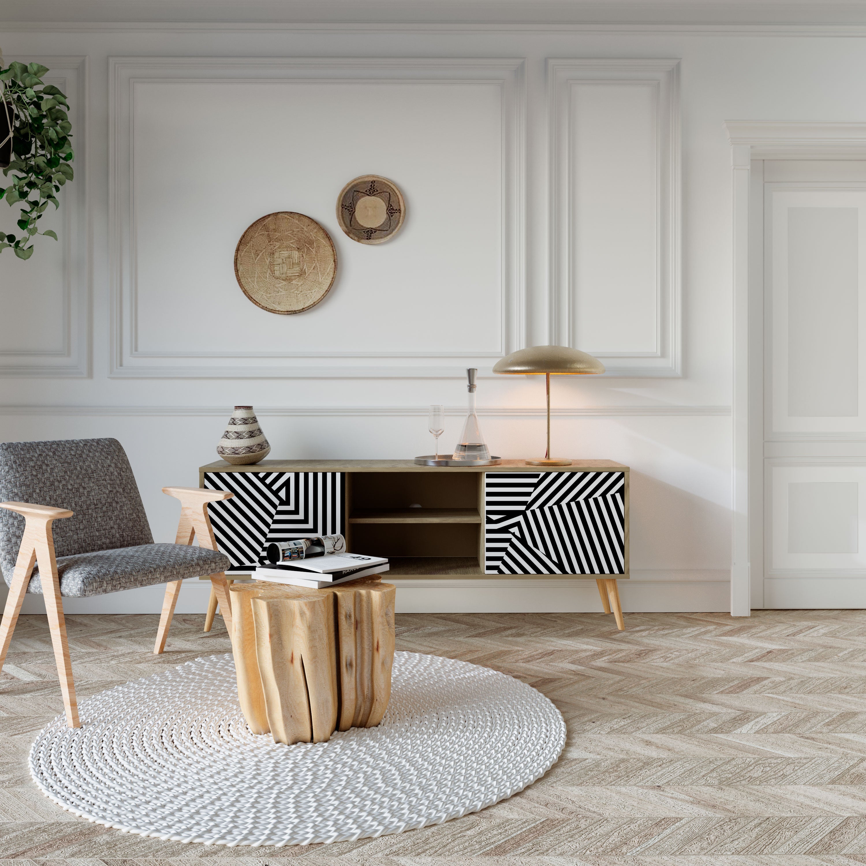 ILLUSIONARY LATTICE 2-Door TV Stand in Oak Effect