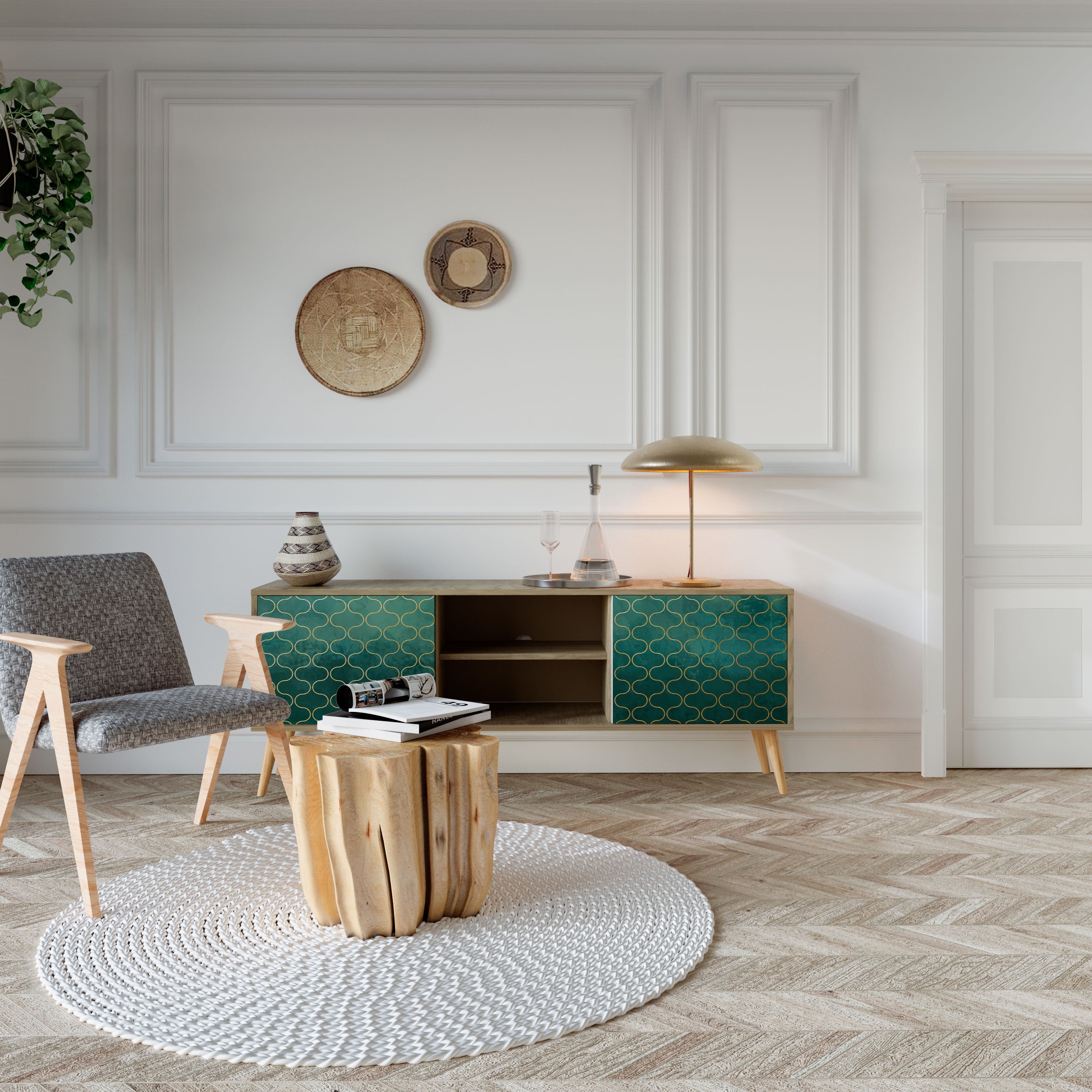 TESSELATED GREENERY 2-Door TV Stand in Oak Effect