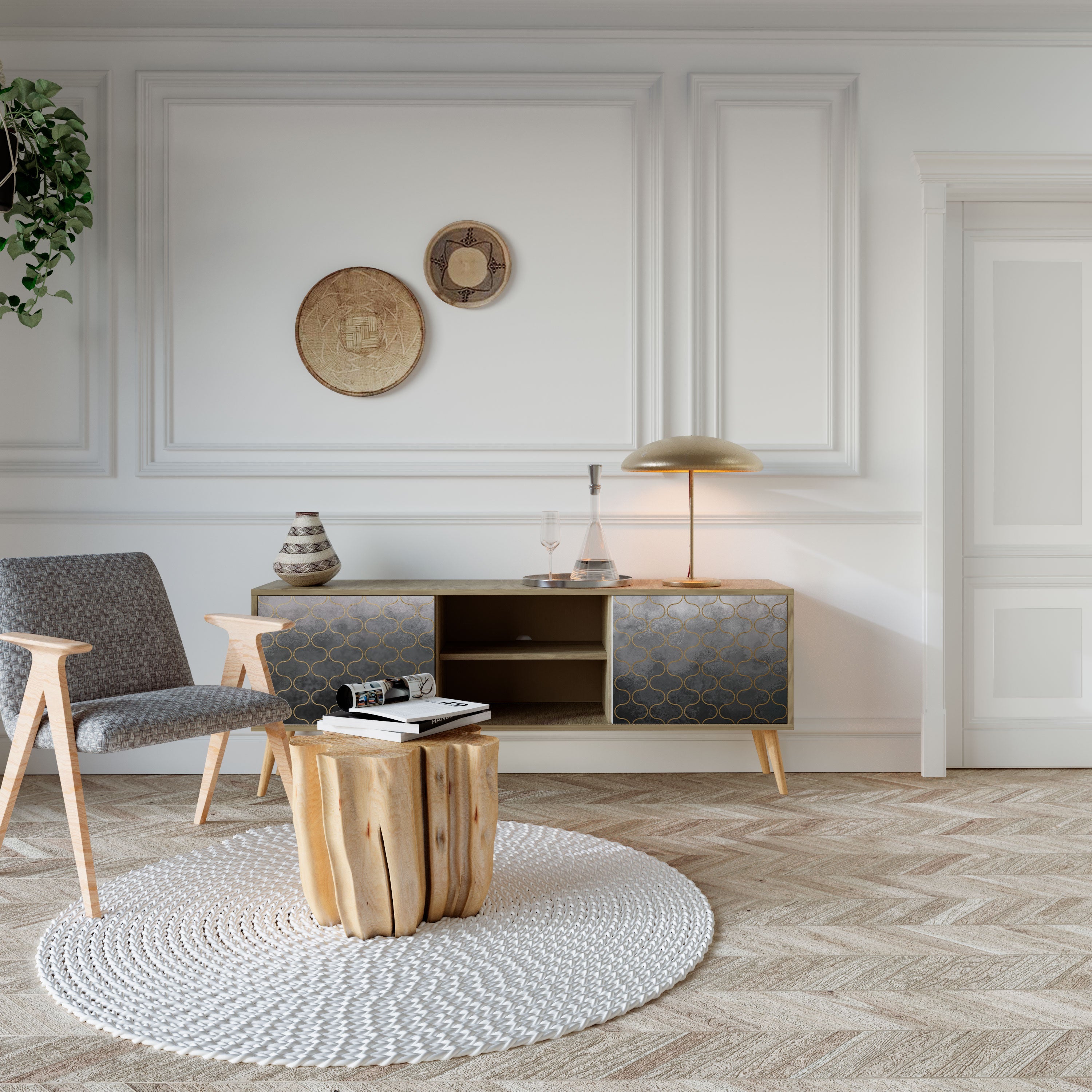 TESSELATED GRAYISH 2-Door TV Stand in Oak Effect