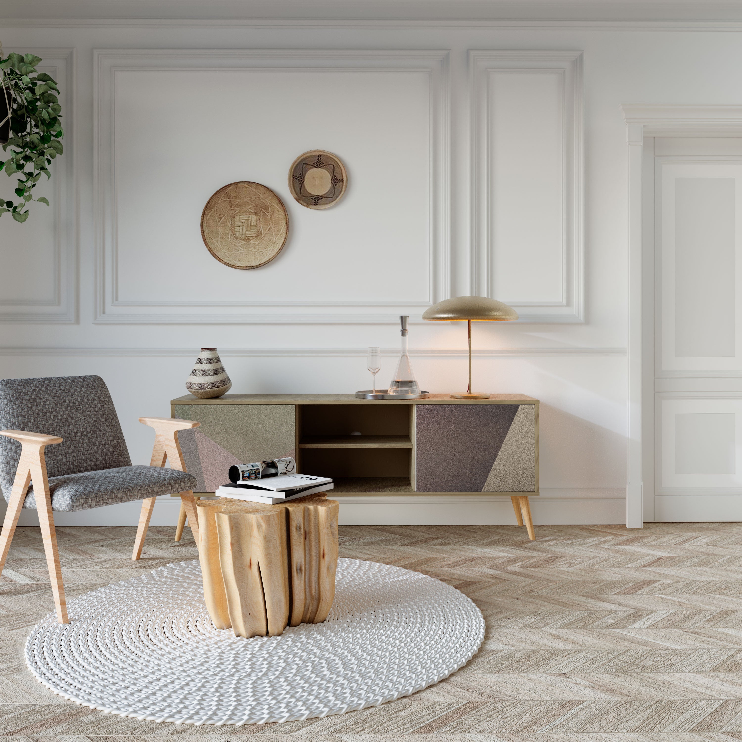 BEIGE GEOMETRY 2-Door TV Stand in Oak Effect