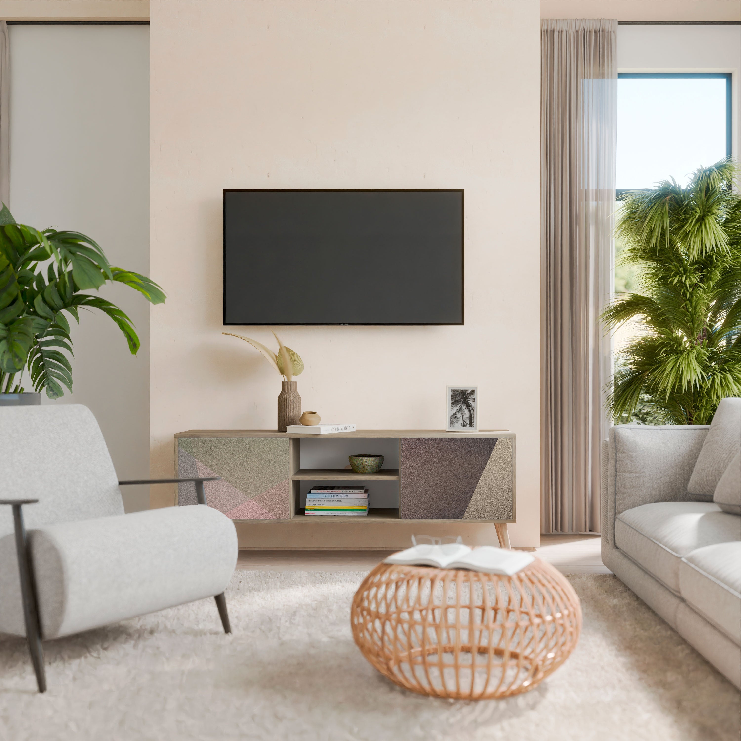 BEIGE GEOMETRY 2-Door TV Stand in Oak Effect