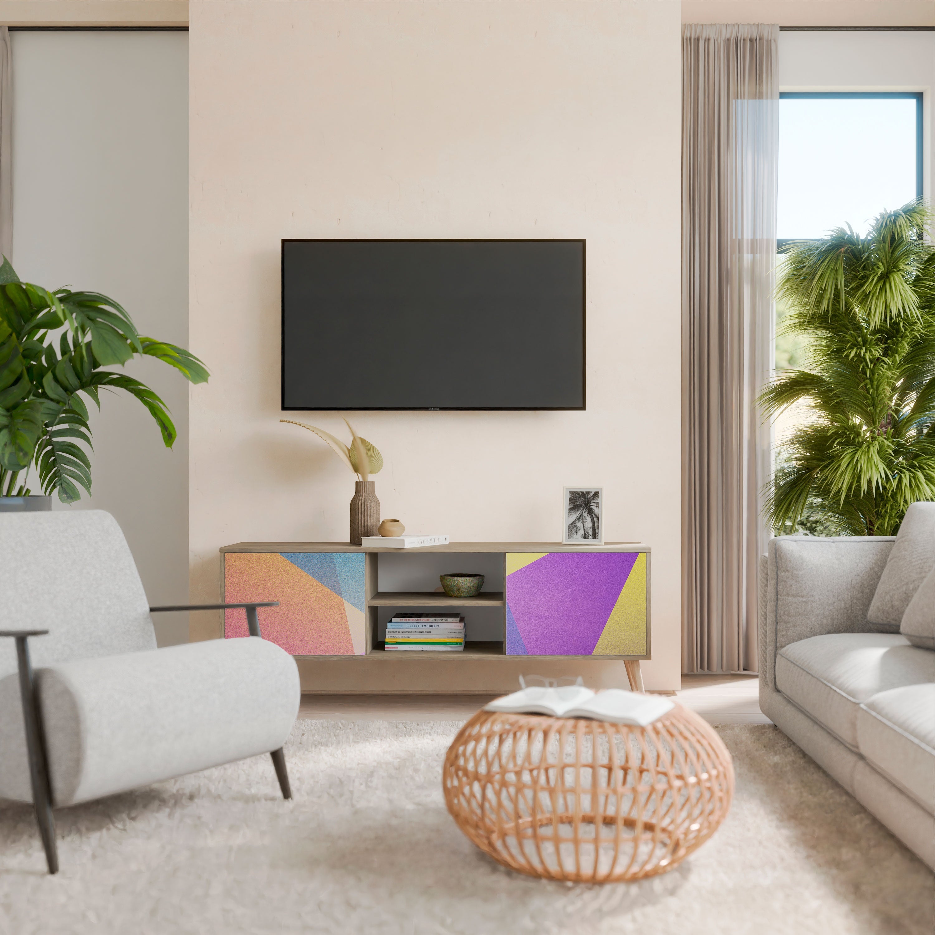 BRIGHT GEOMETRY 2-Door TV Stand in Oak Effect