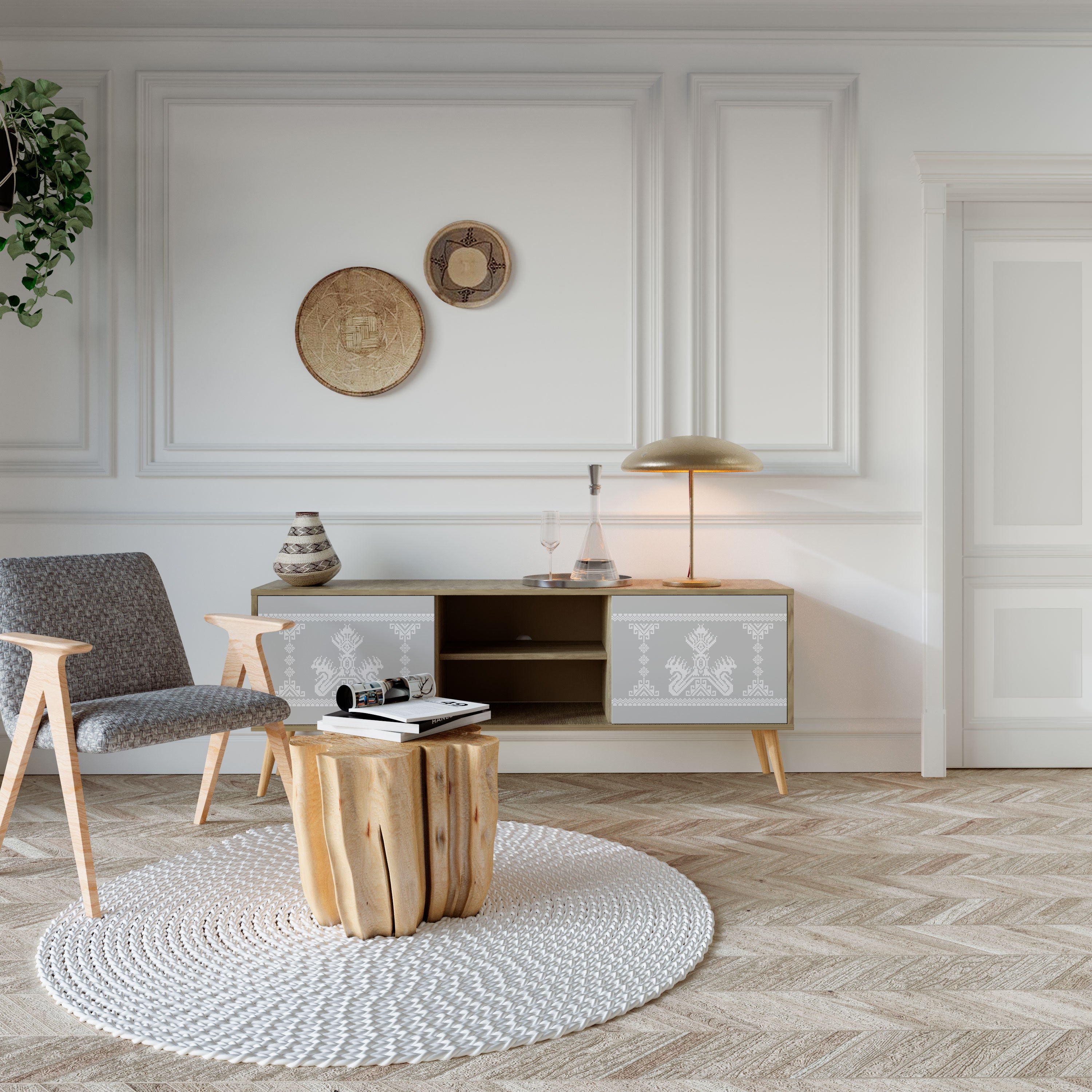 THAI GRAY 2-Door TV Stand in Oak Effect