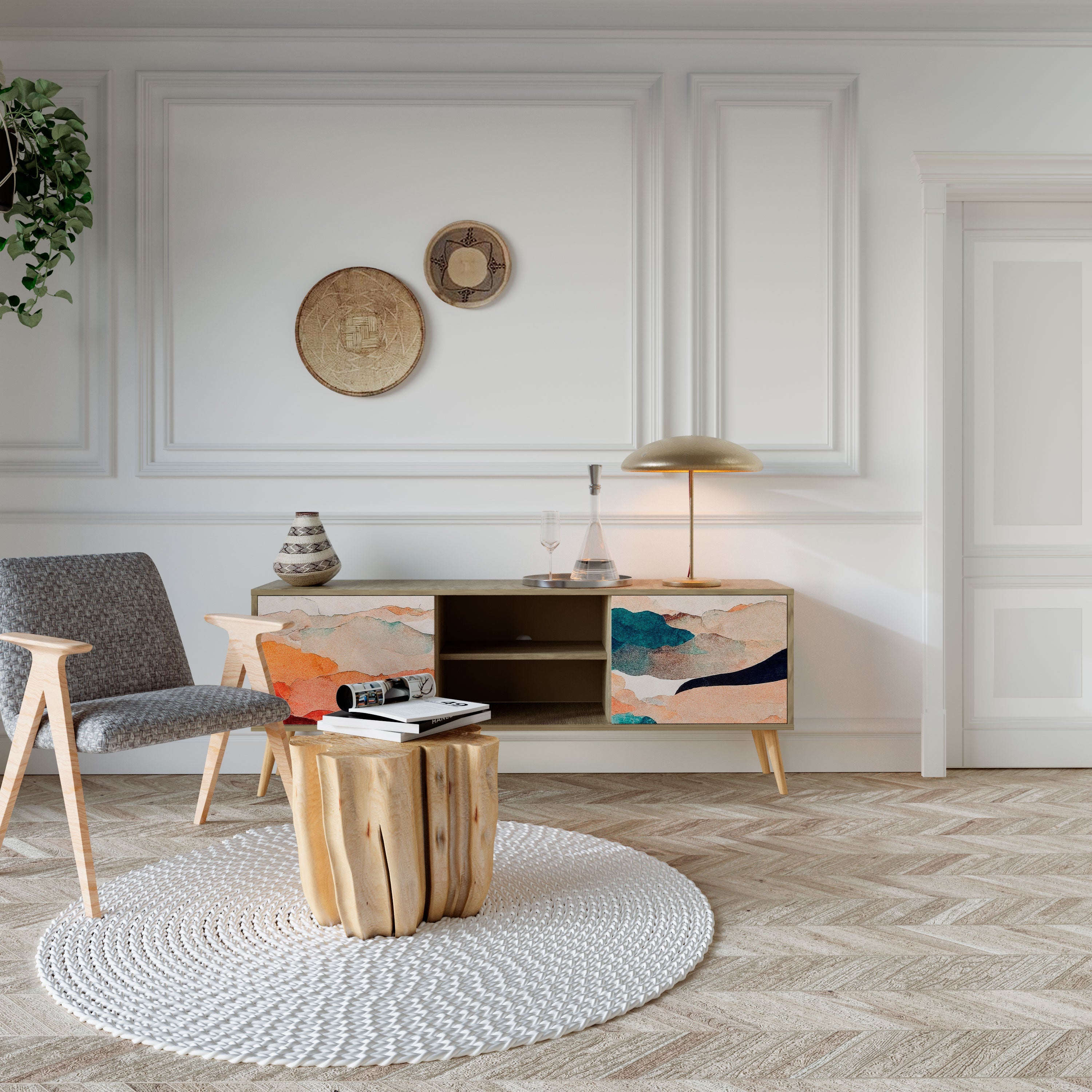 ABSTRACT LANDSCAPE Móvel de TV com 2 Portas em Efeito Carvalho