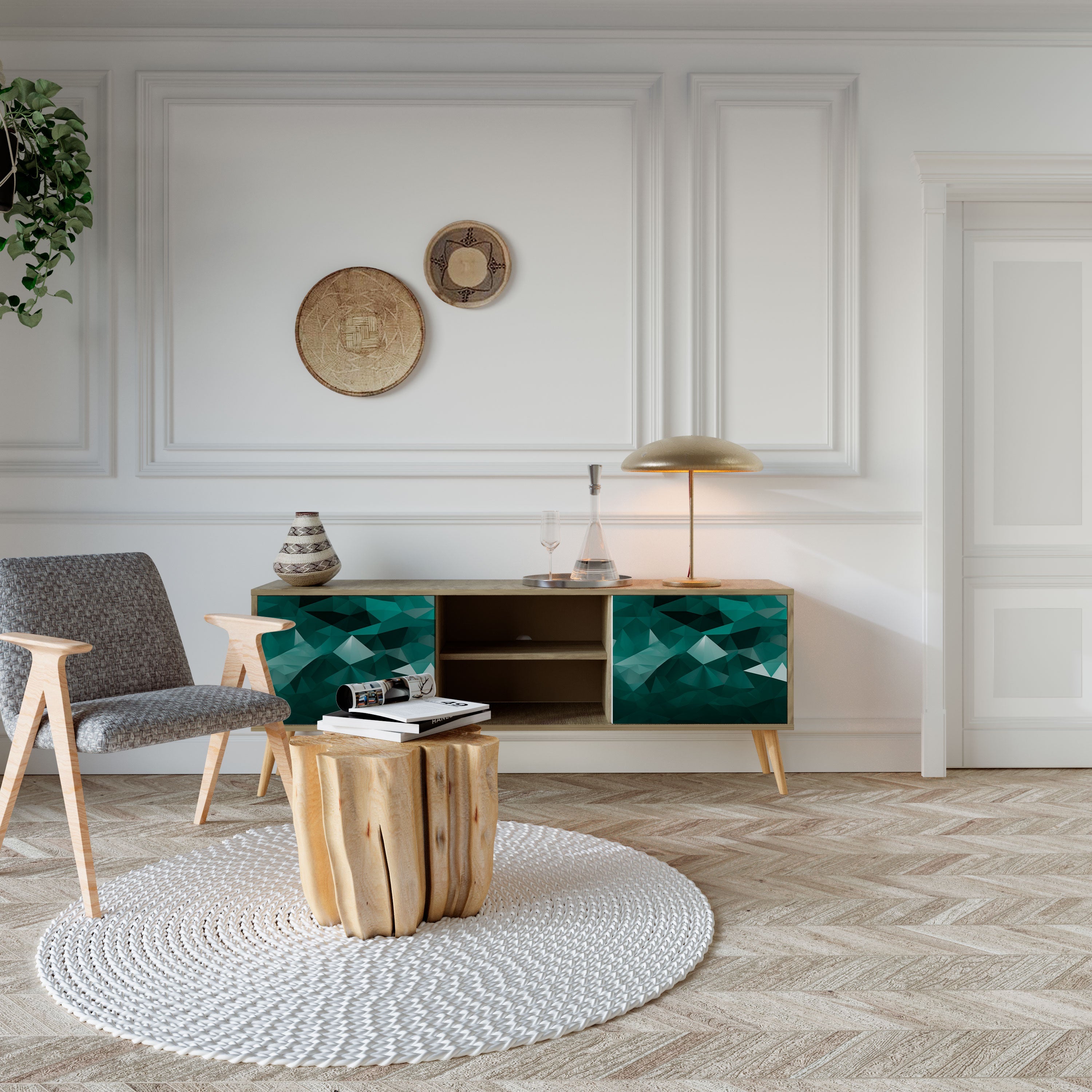 POLYGONAL FLOATING 2-Door TV Stand in Oak Effect