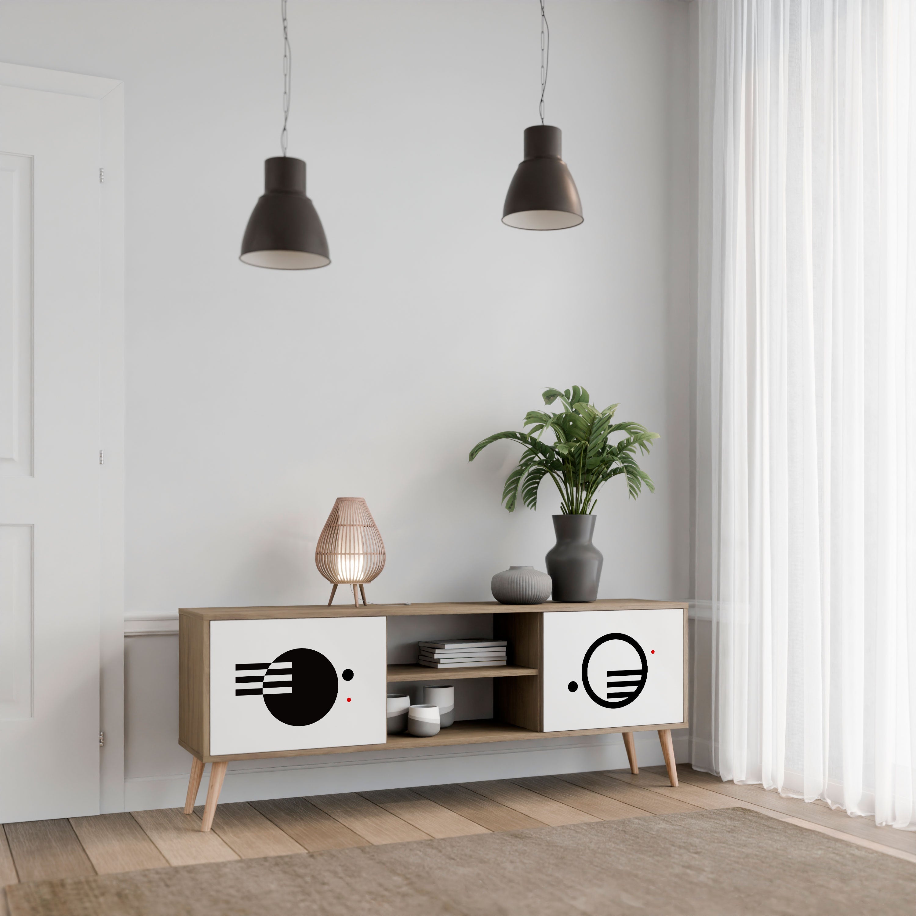 BLACK AND WHITE COMBINATION 2-Door TV Stand in Oak Effect