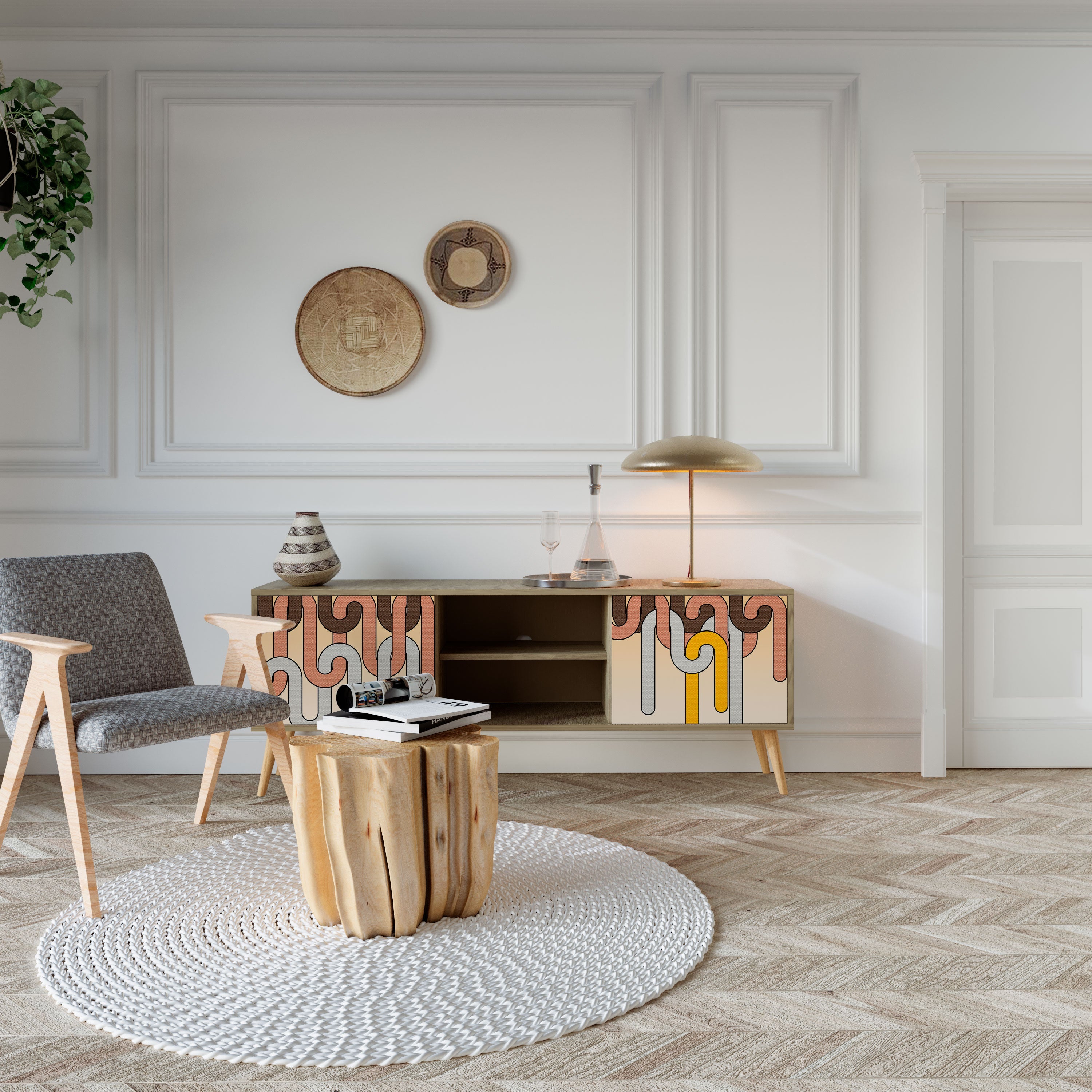 COLORFUL STRINGS 2-Door TV Stand in Oak Effect