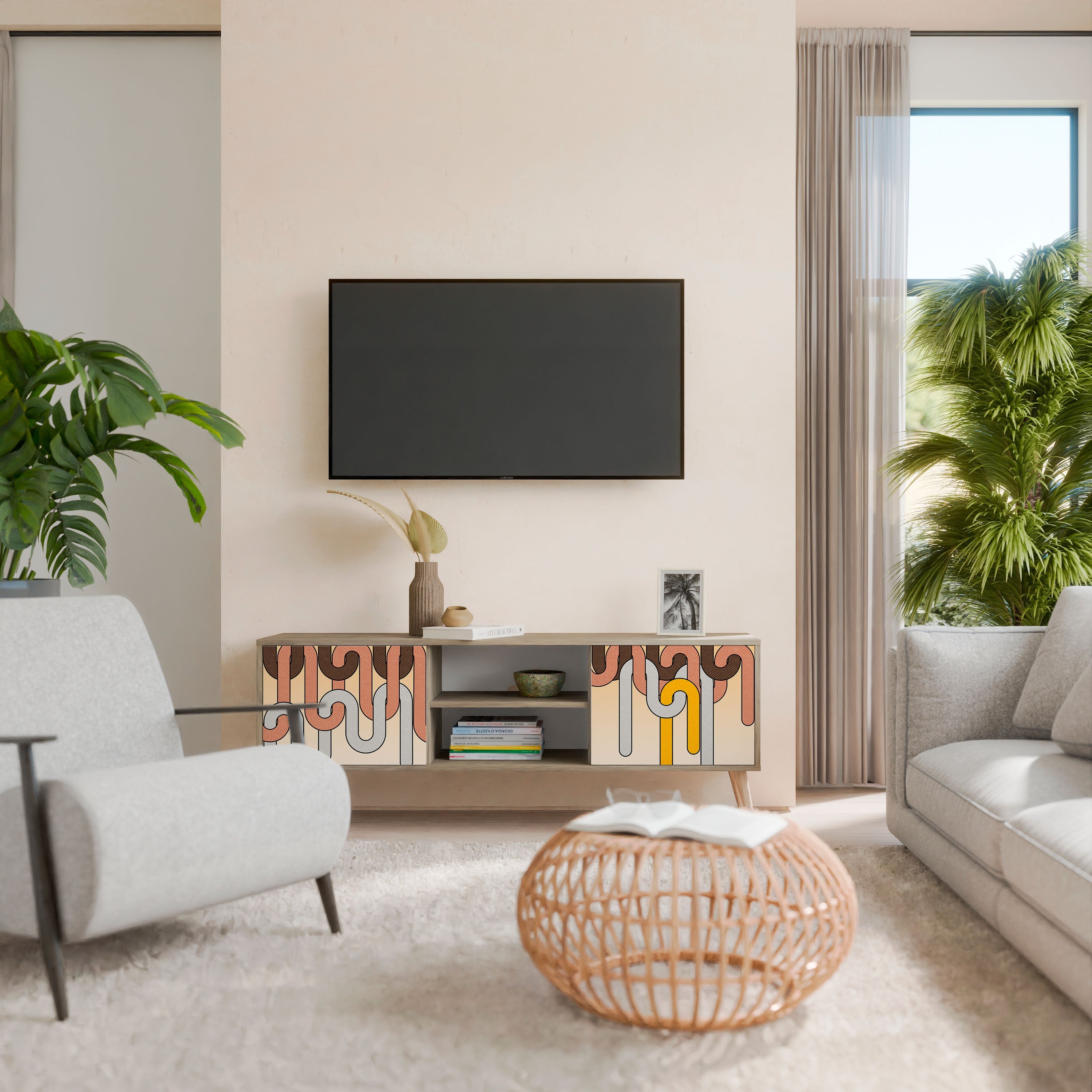 COLORFUL STRINGS 2-Door TV Stand in Oak Effect