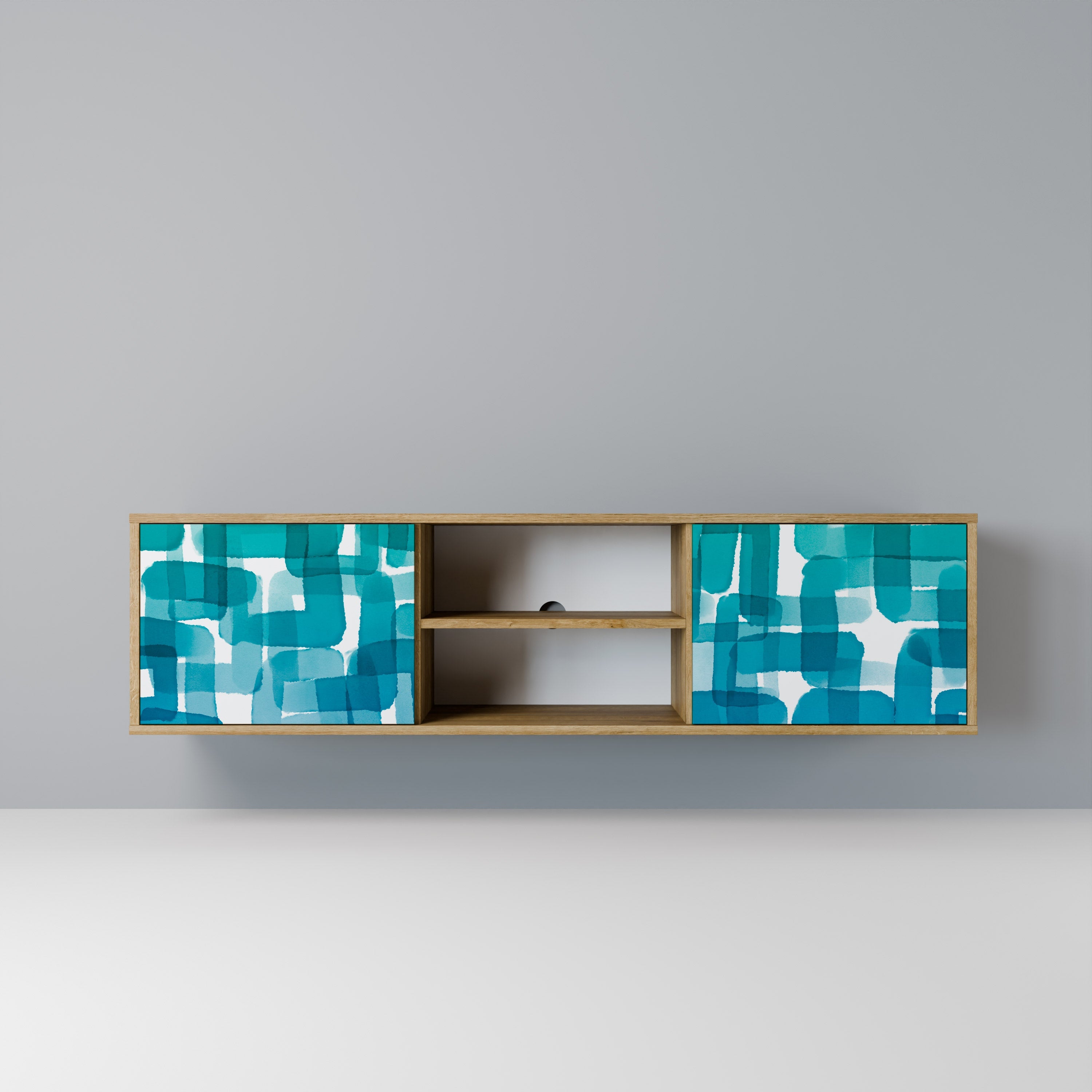 TURQUOISE RECTANGLES 2-Door TV Stand in Oak Effect