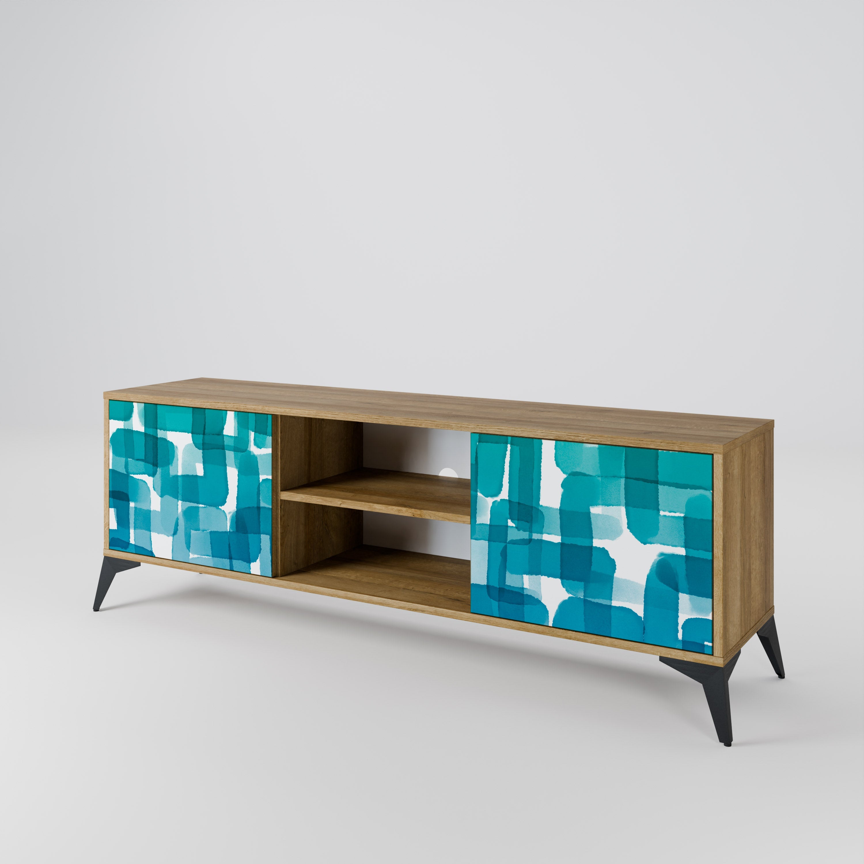 TURQUOISE RECTANGLES 2-Door TV Stand in Oak Effect