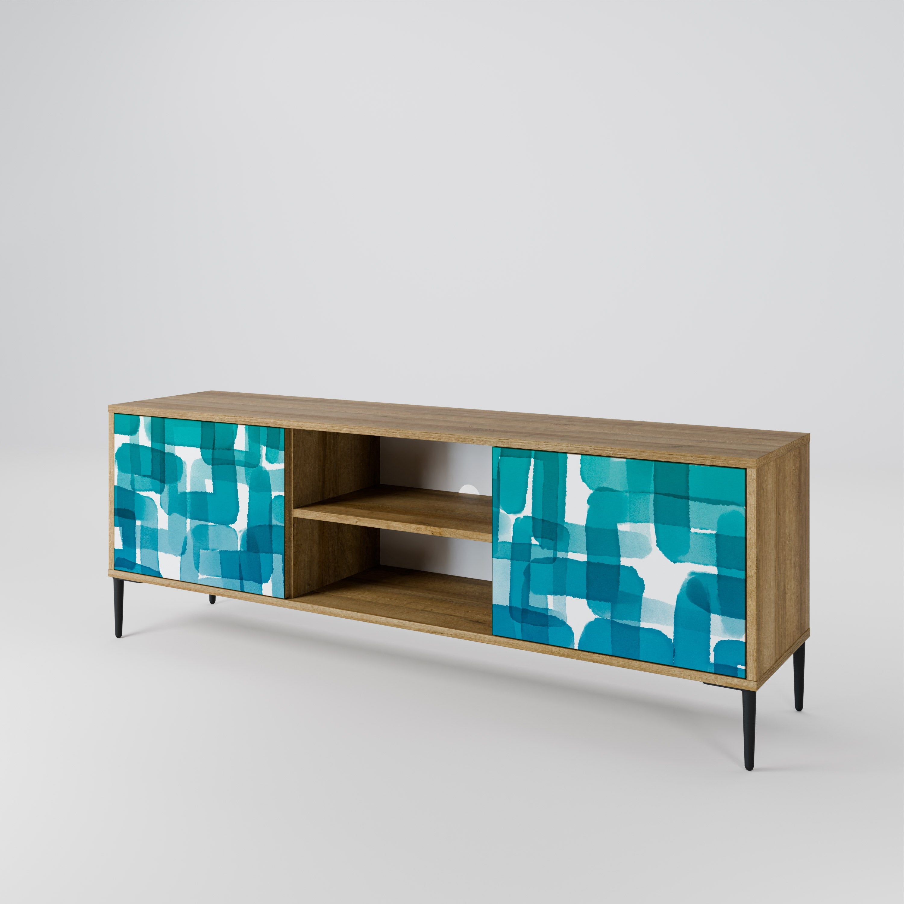 TURQUOISE RECTANGLES 2-Door TV Stand in Oak Effect
